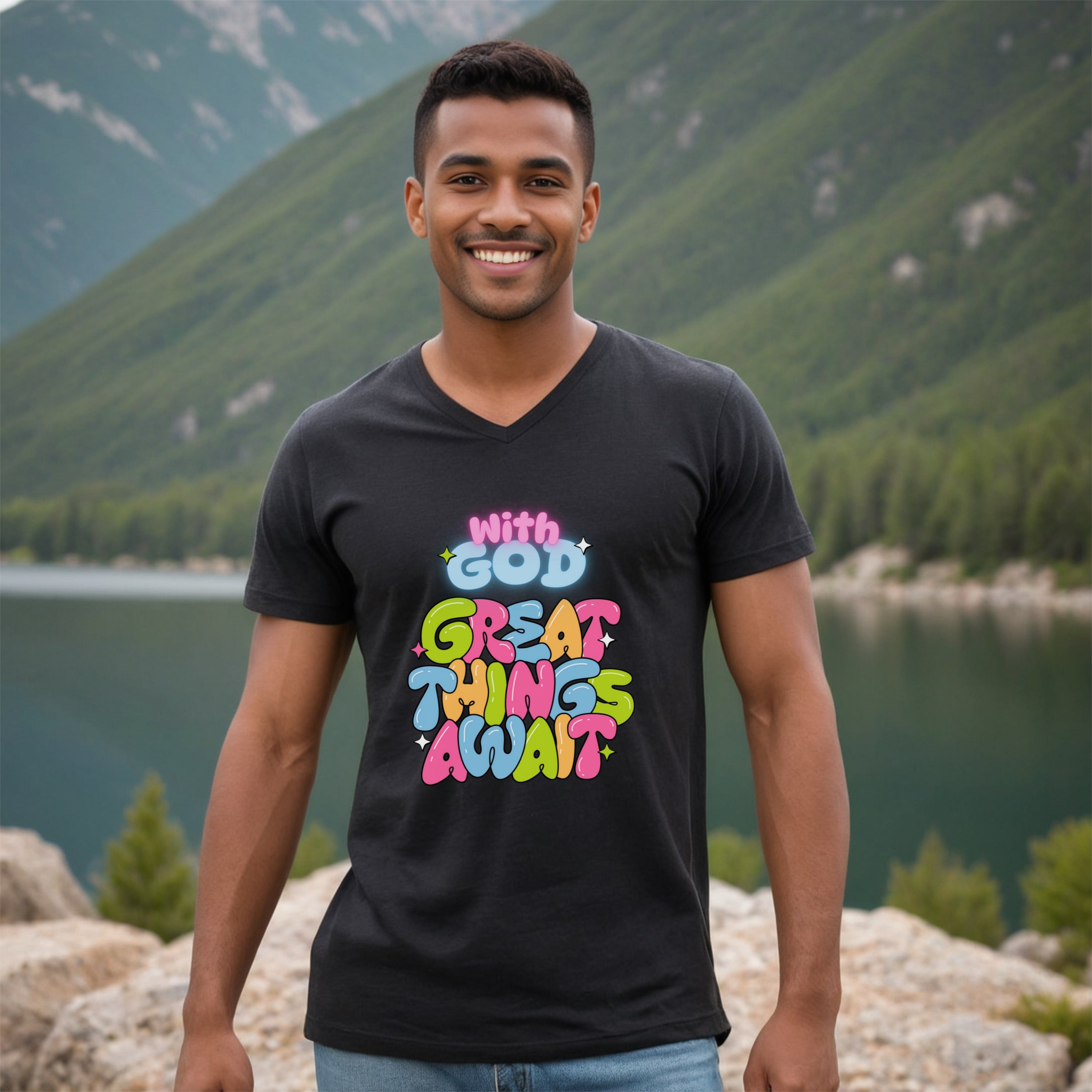 With God, Great Things Await Unisex V- Neck T-Shirt, Christian V-Neck Tee