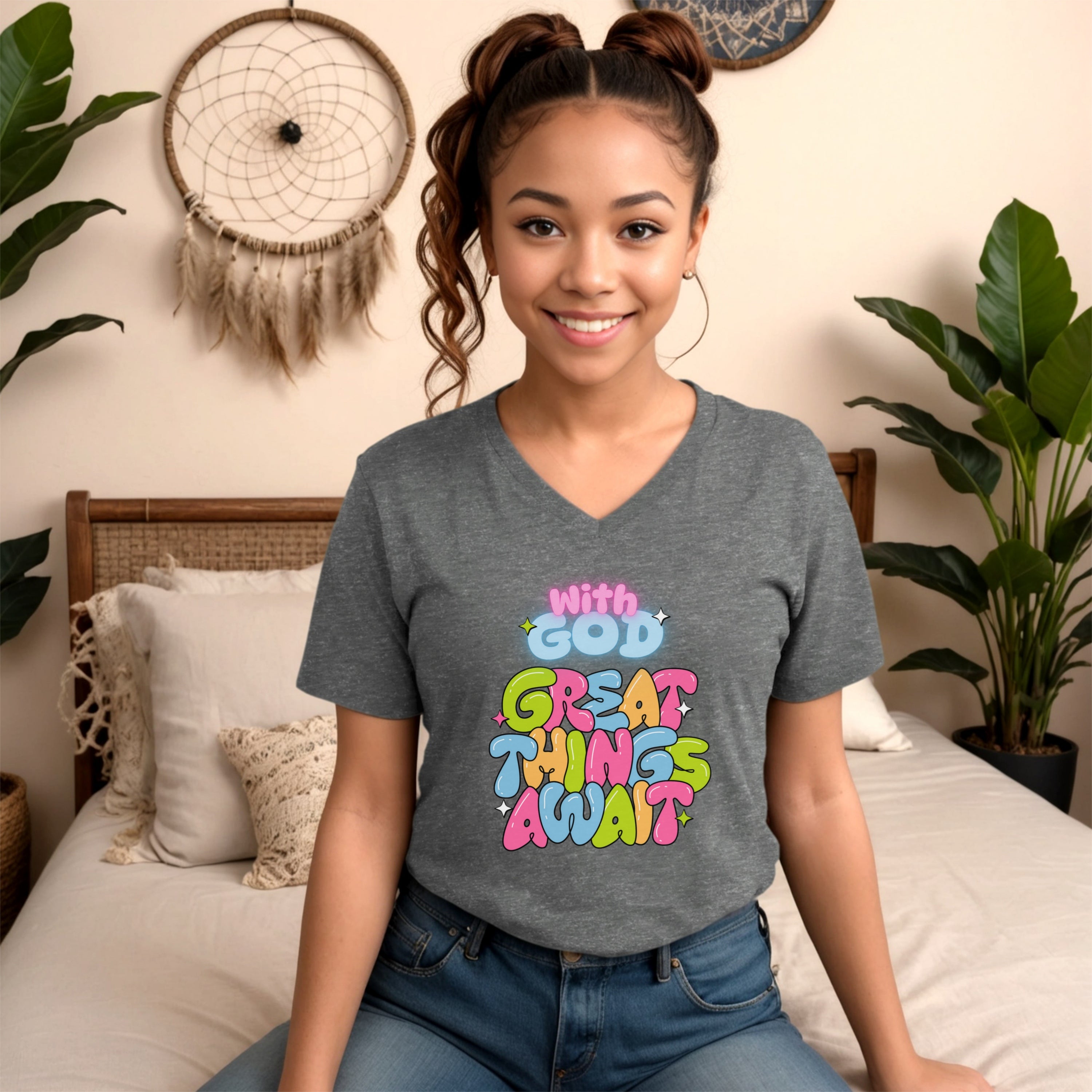 With God, Great Things Await Unisex V- Neck T-Shirt, Christian V-Neck Tee