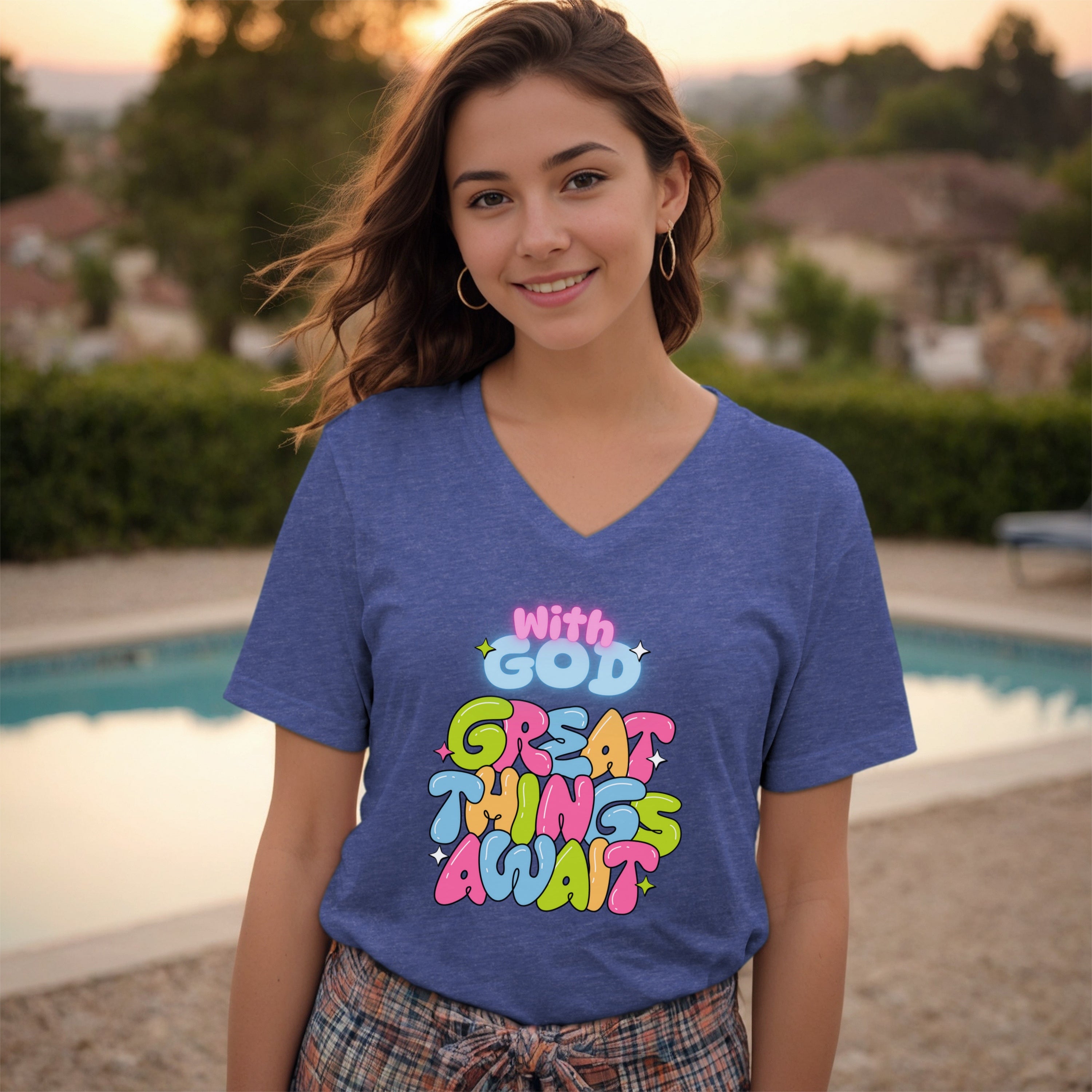 With God, Great Things Await Unisex V- Neck T-Shirt, Christian V-Neck Tee