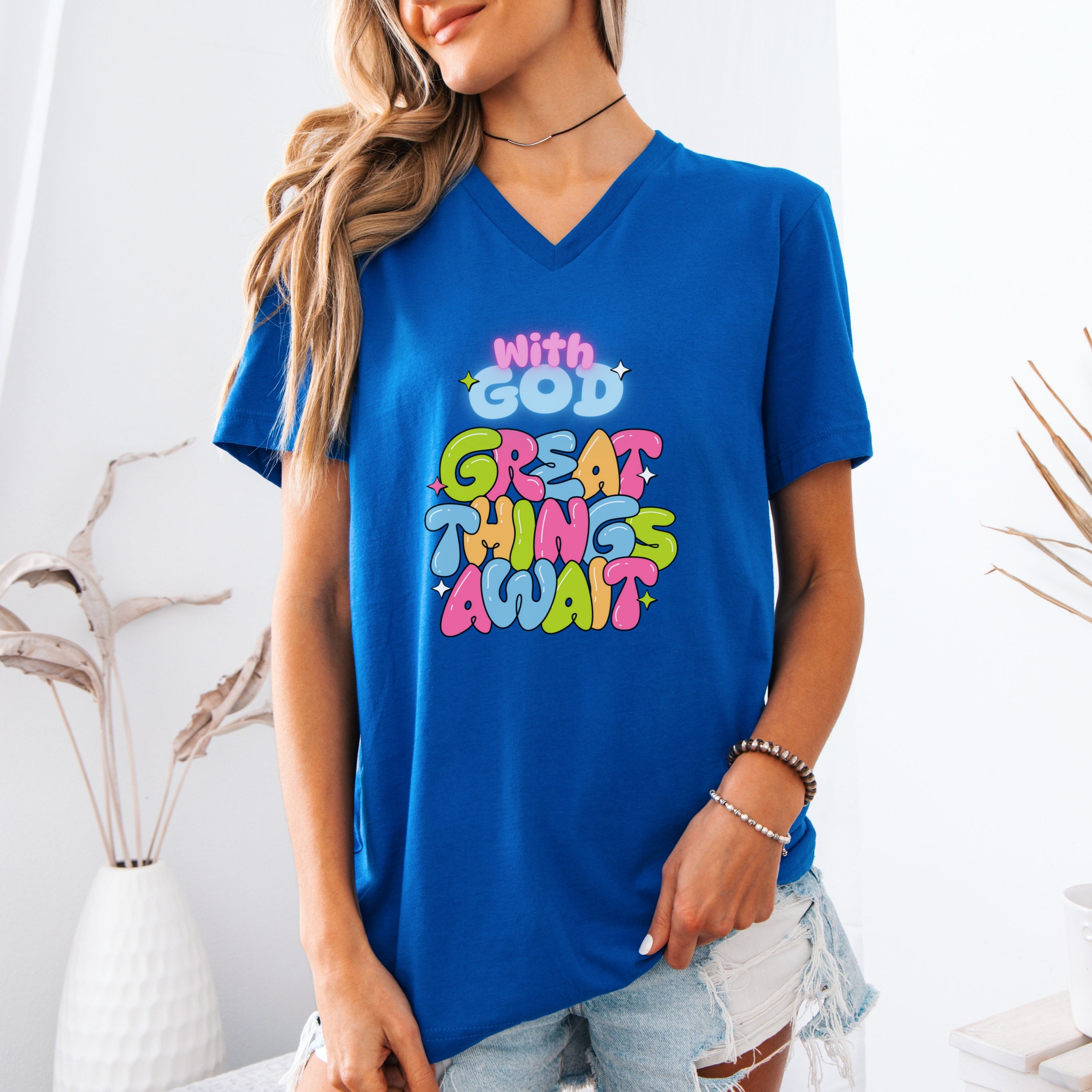 With God, Great Things Await Unisex V- Neck T-Shirt, Christian V-Neck Tee