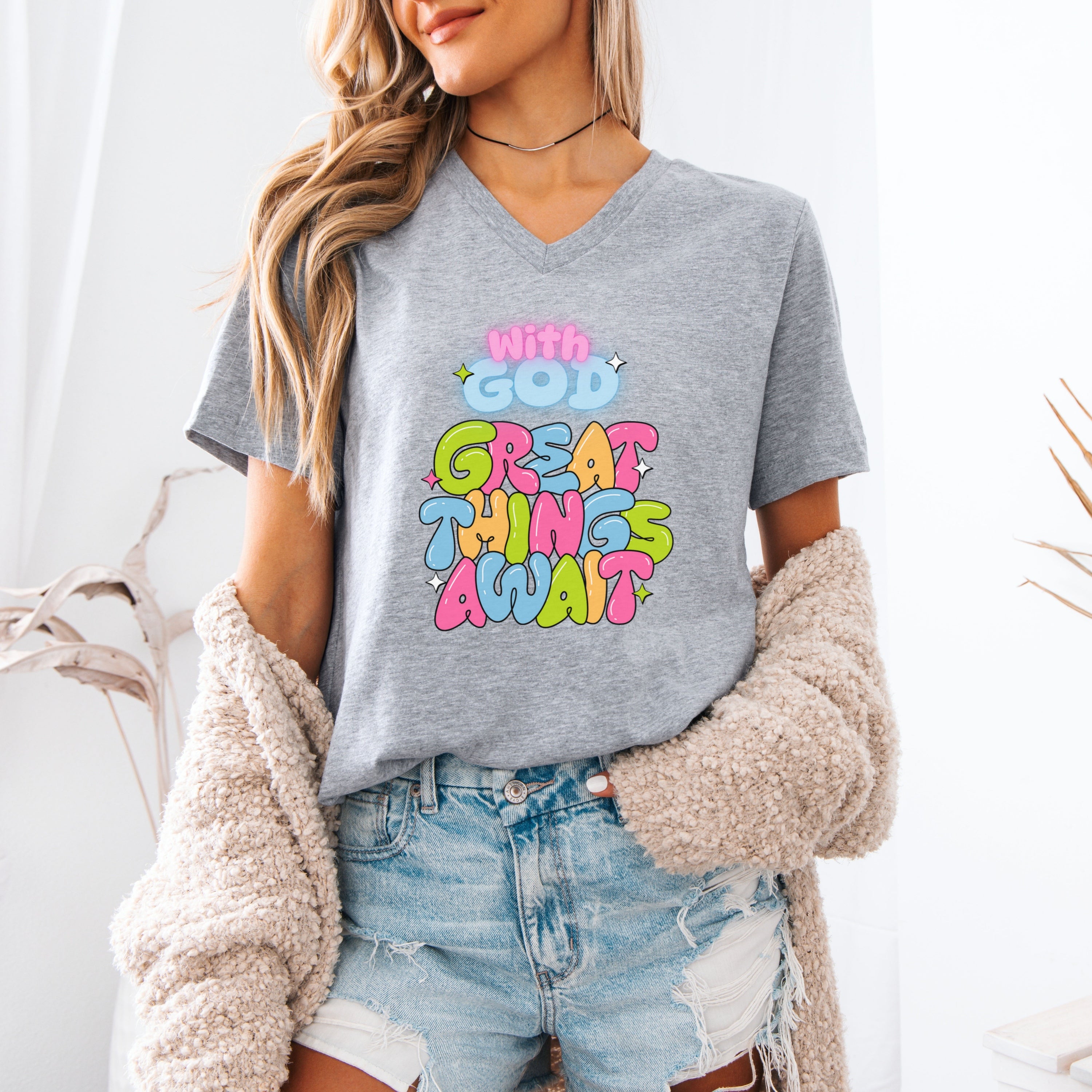 With God, Great Things Await Unisex V- Neck T-Shirt, Christian V-Neck Tee