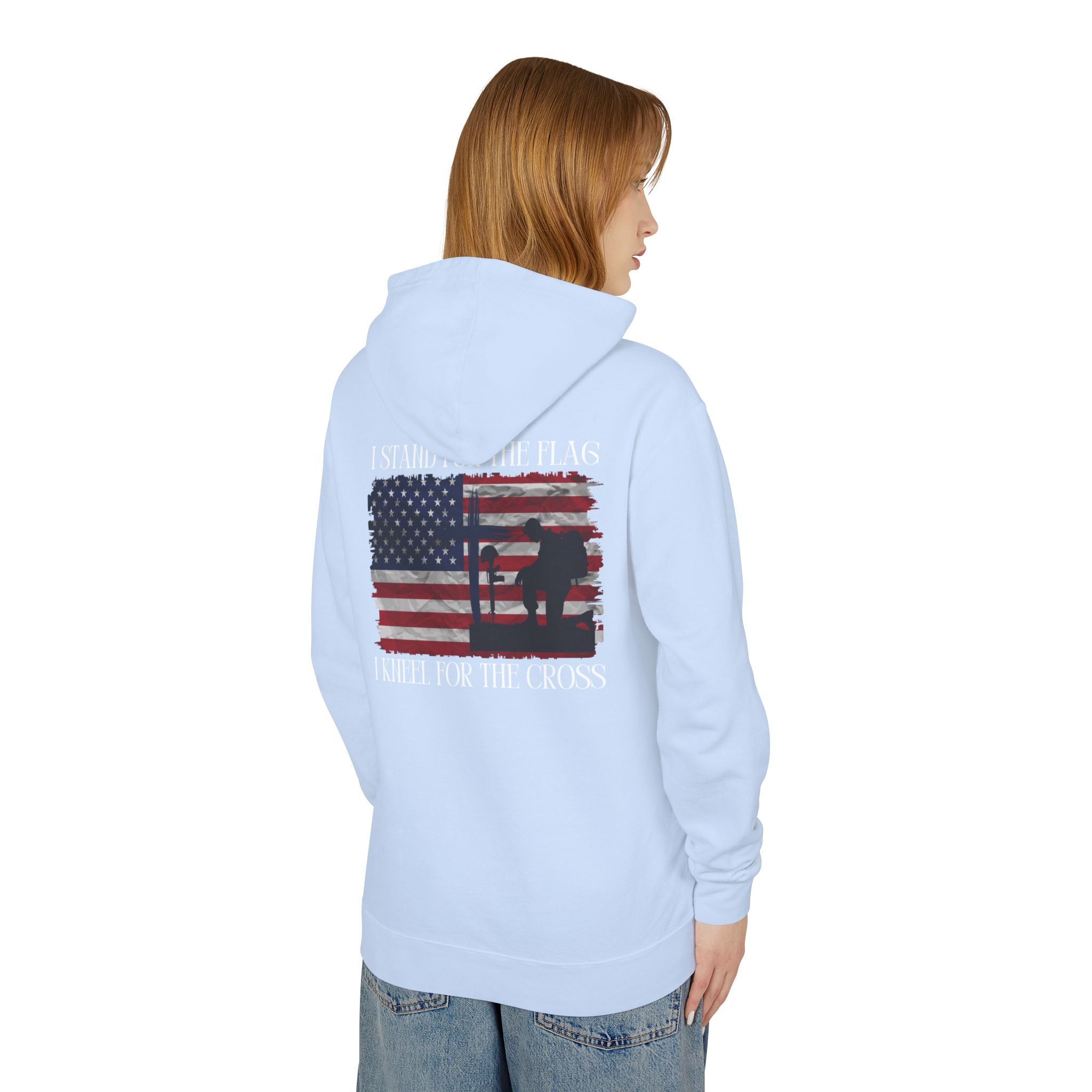 I Stand for the Flag, I Kneel for the Cross Unisex Lightweight Hooded Sweatshirt