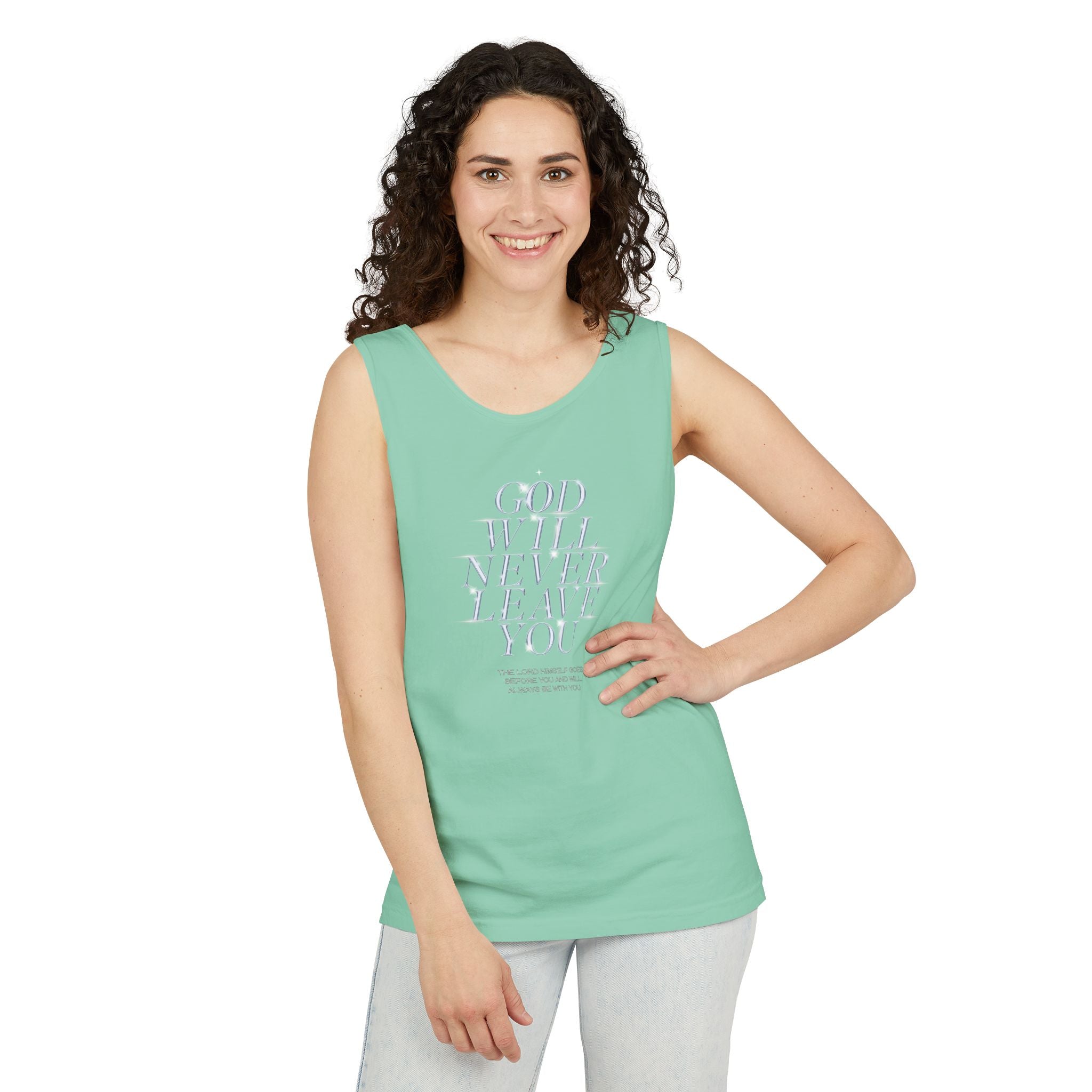 God Will Never Leave Unisex Relaxed Fit Tank Top, Religious Tank Top, Faithful Muscle Tank, Christian Apparel, Inspirational Workout Shirt