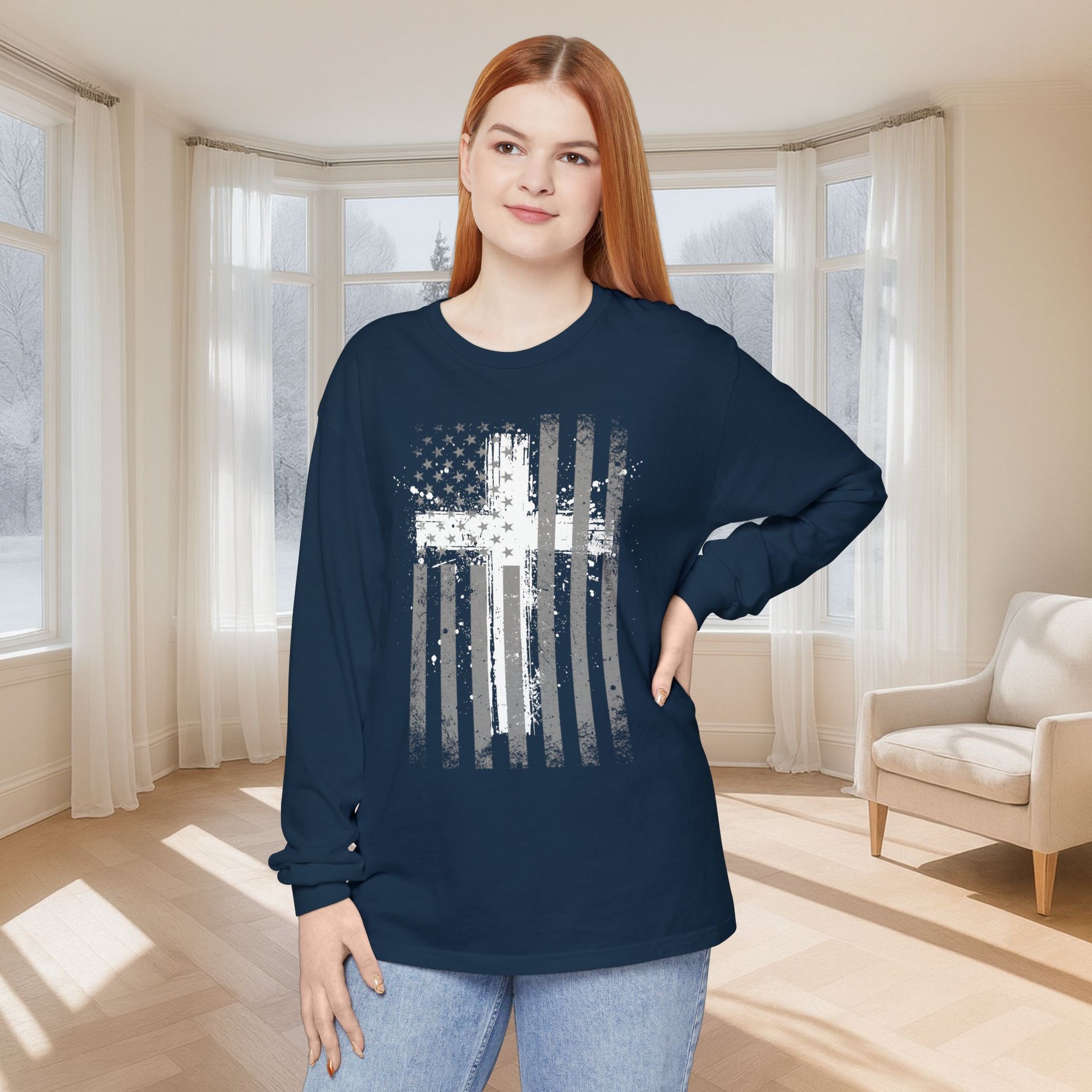 Flag With Cross Unisex Relaxed Fit Long Sleeve T-Shirt - My Faith My Father