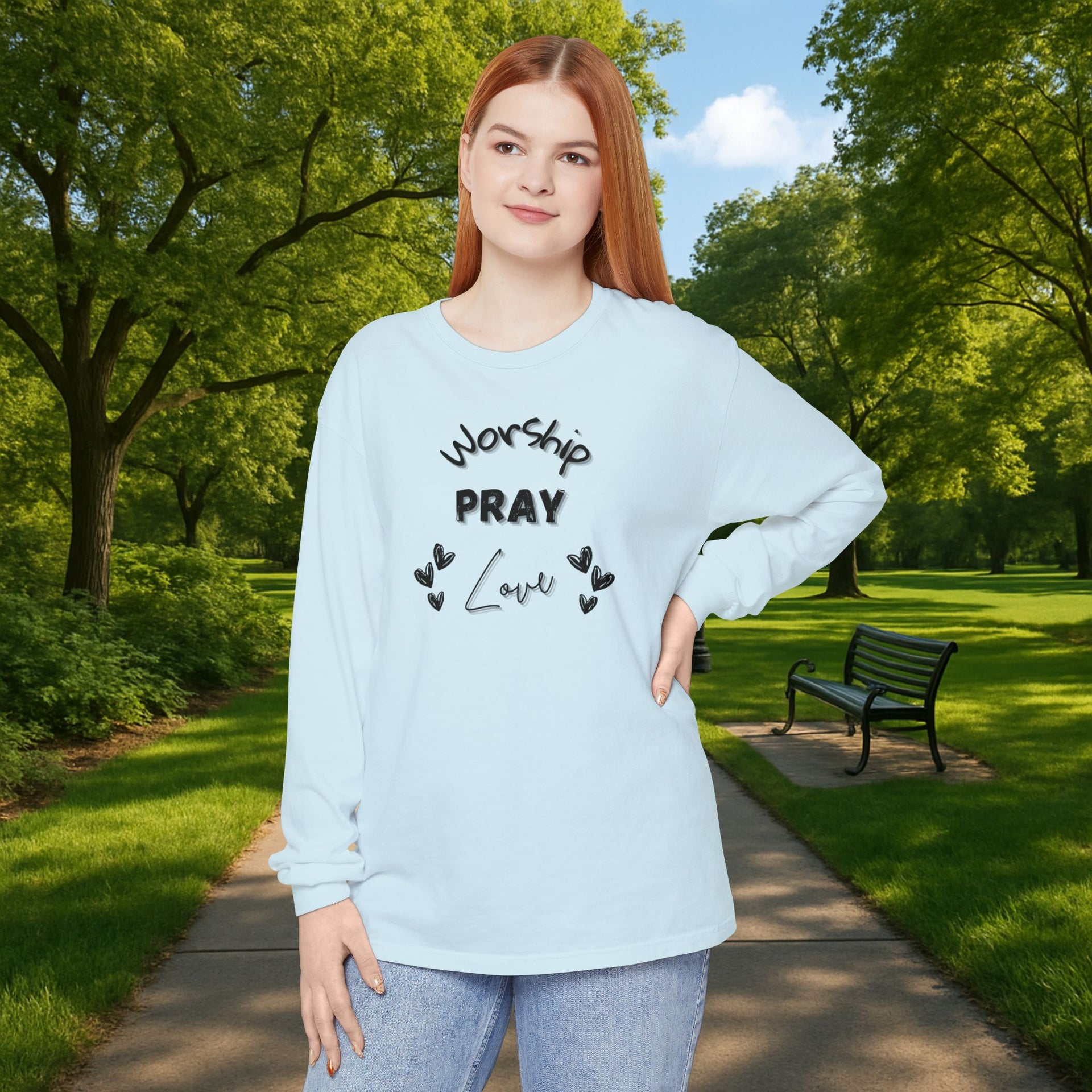 Worship, Pray, Love Unisex Relaxed Fit Long Sleeve T-Shirt - My Faith My Father