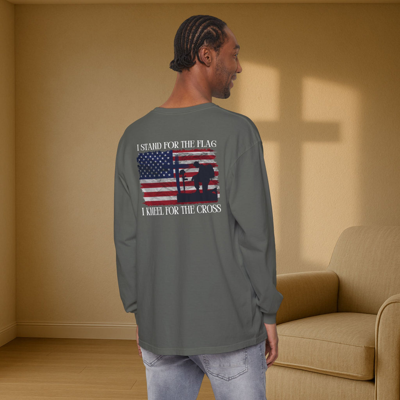 I Stand for the Flag, I Kneel for the Cross Unisex Relaxed Fit Long Sleeve T-Shirt - My Faith My Father