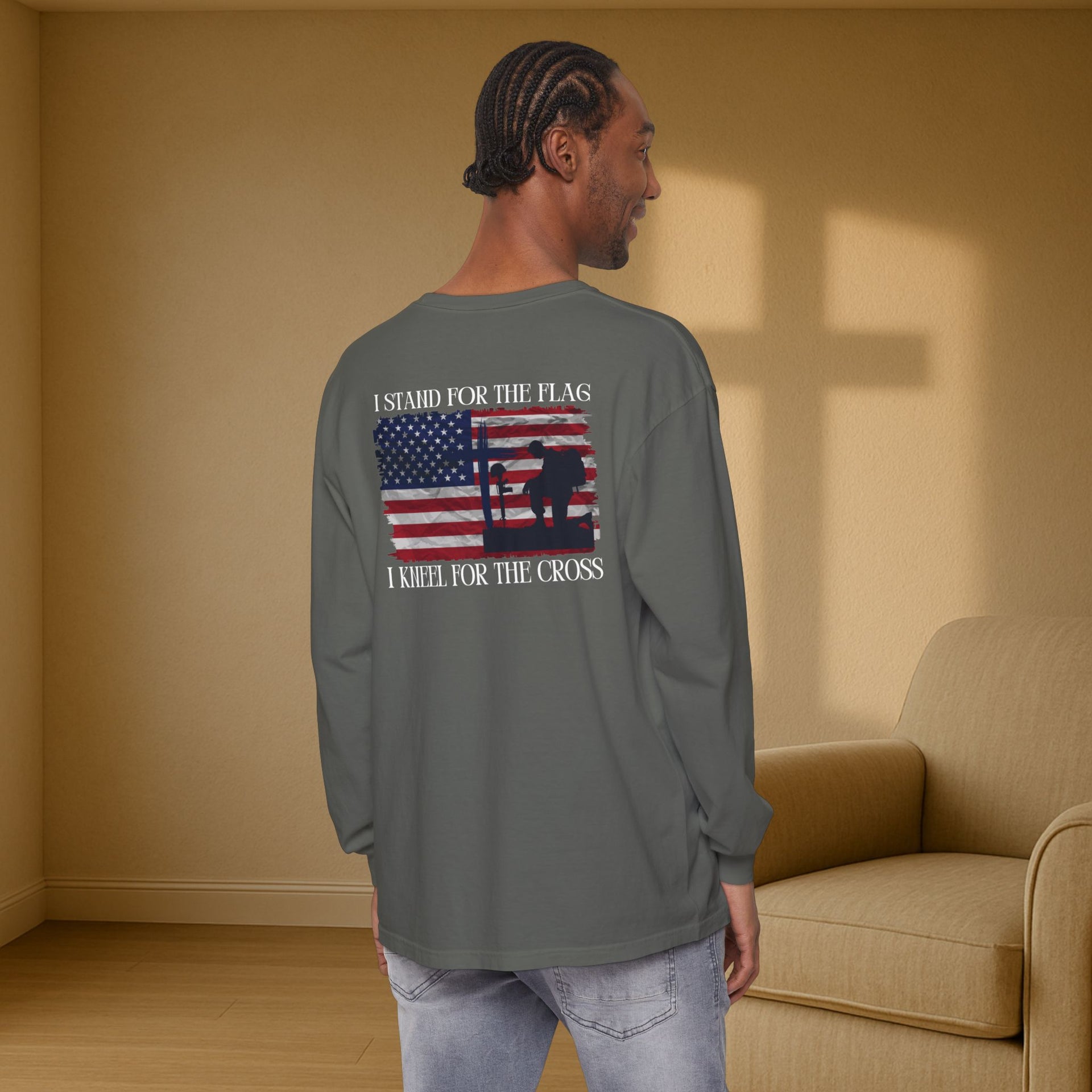 I Stand for the Flag, I Kneel for the Cross Unisex Relaxed Fit Long Sleeve T-Shirt - My Faith My Father