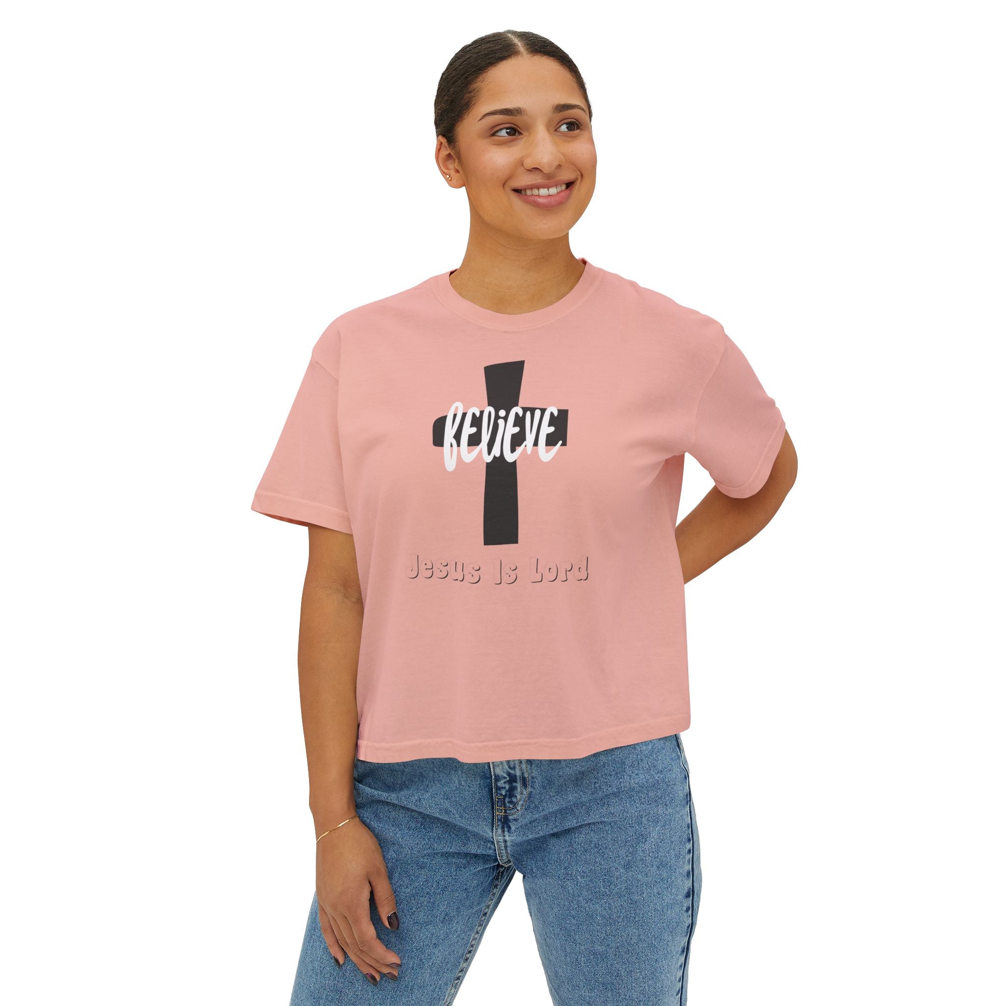 Believe Jesus Is Lord Women's Boxy Tee, Christian T-Shirt, Trendy Faith Apparel, Believer's Gift, Casual Cross Tee, Everyday Wear