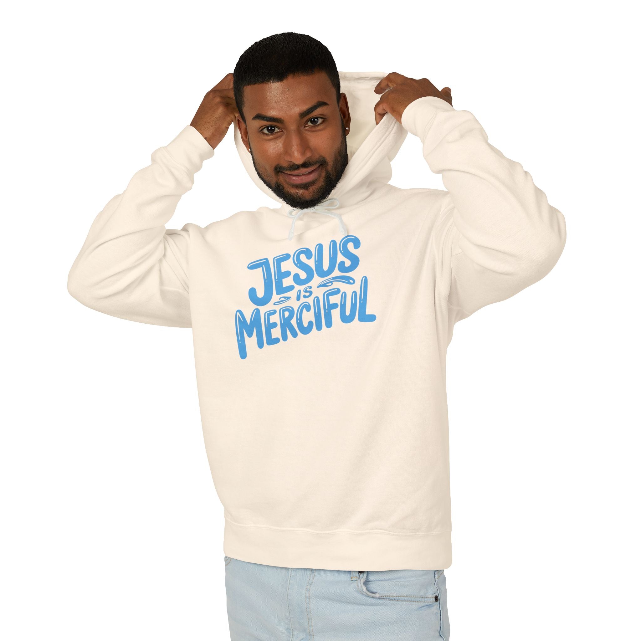 Jesus is Merciful Unisex Relaxed Fit Lightweight Hooded Sweatshirt