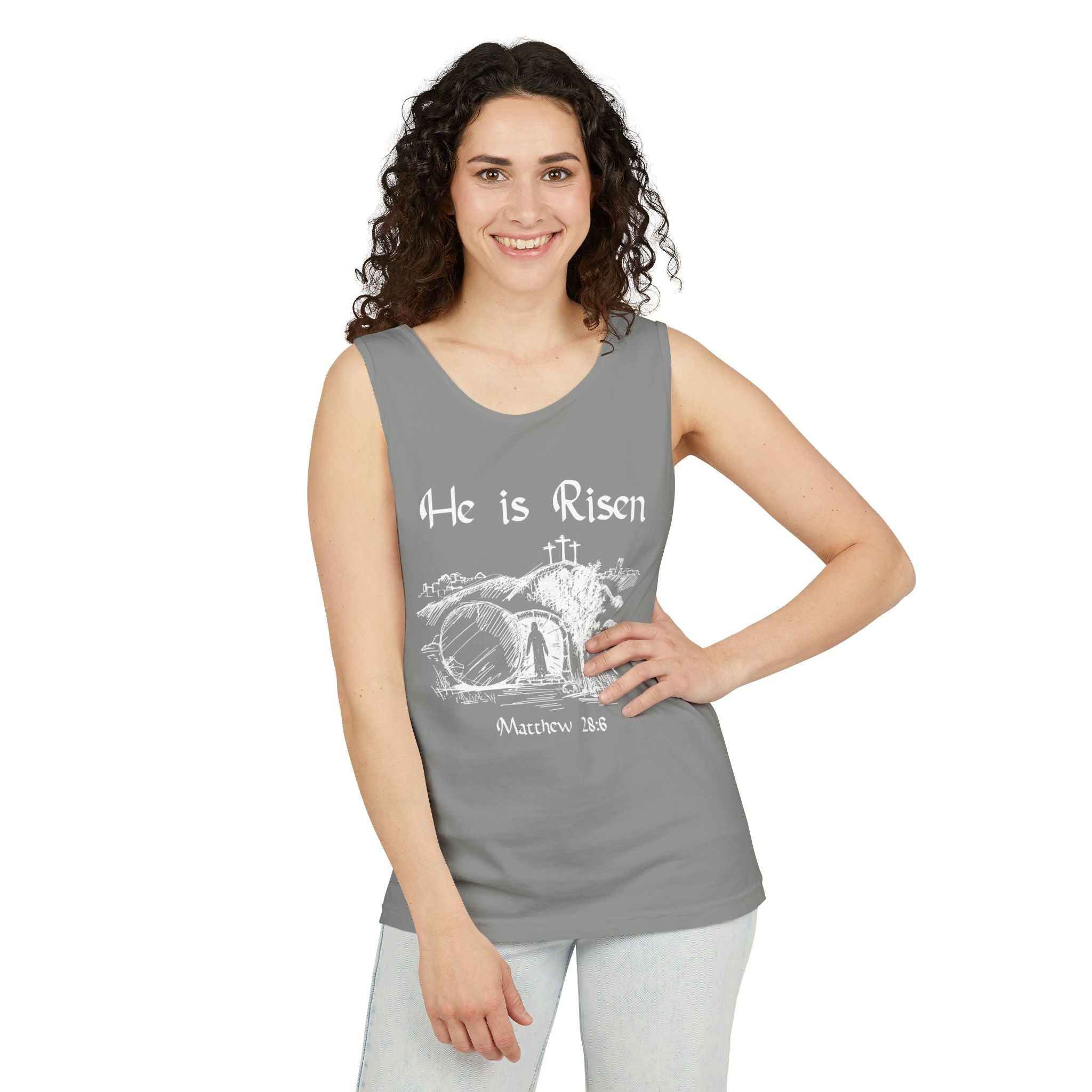He Is Risen Unisex Relaxed Fit Tank Top, Christian Church Apparel, Easter Sunday Clothing, Faith-Based Graphic Tee