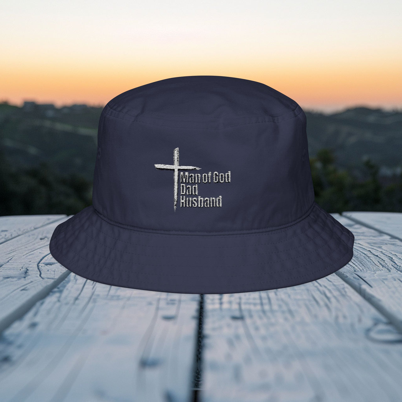 Man of God embroidered bucket hat with cross design, perfect for expressing faith and family values.