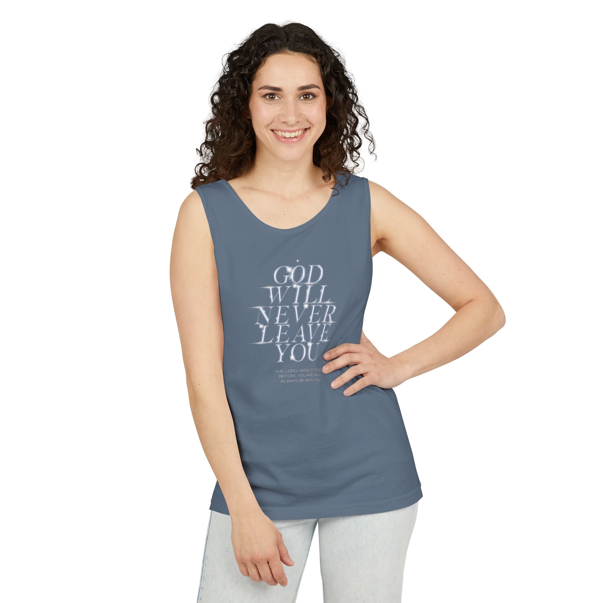 God Will Never Leave Unisex Relaxed Fit Tank Top, Religious Tank Top, Faithful Muscle Tank, Christian Apparel, Inspirational Workout Shirt