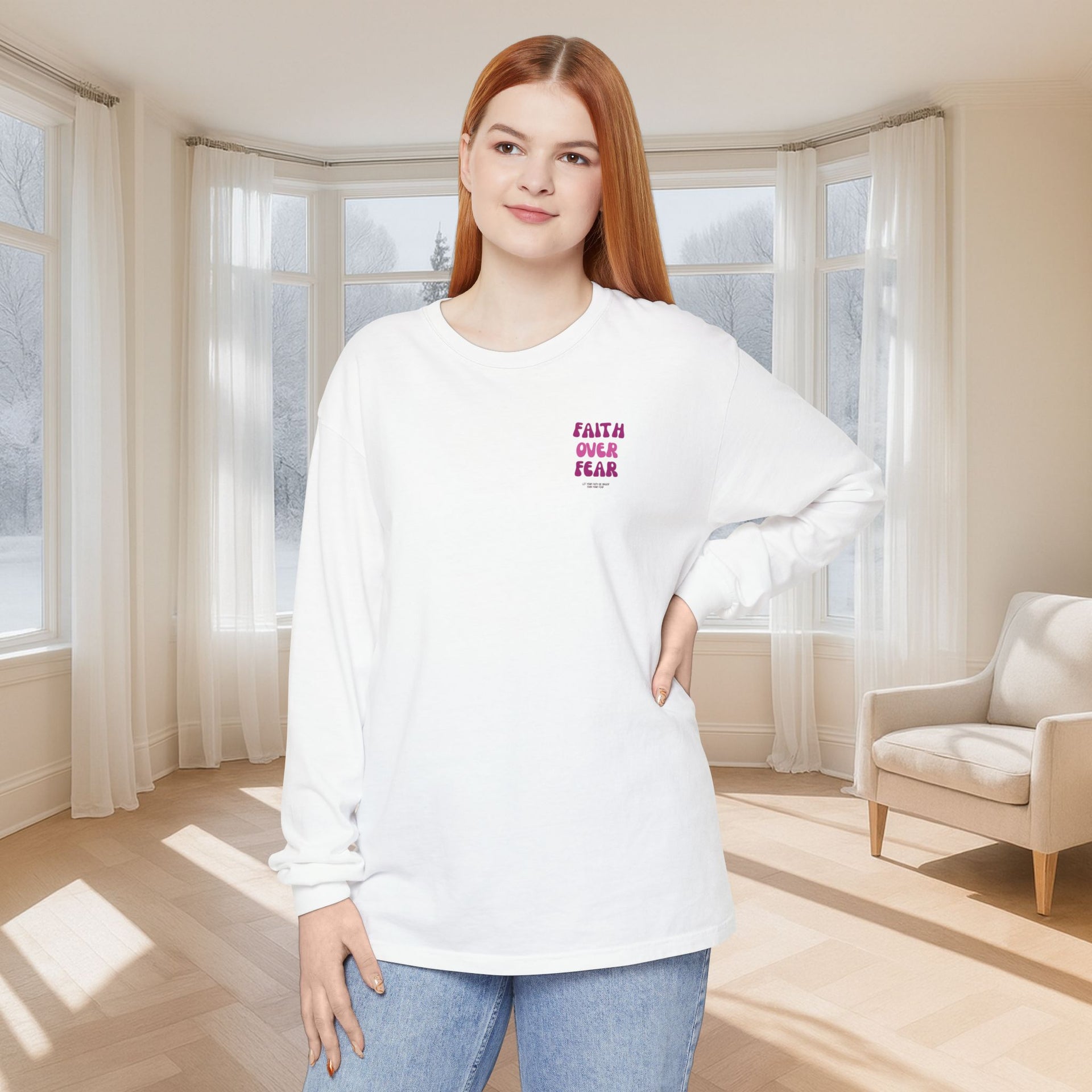 Faith Over Fear Pink Unisex Relaxed Fit Long Sleeve T-Shirt - My Faith My Father