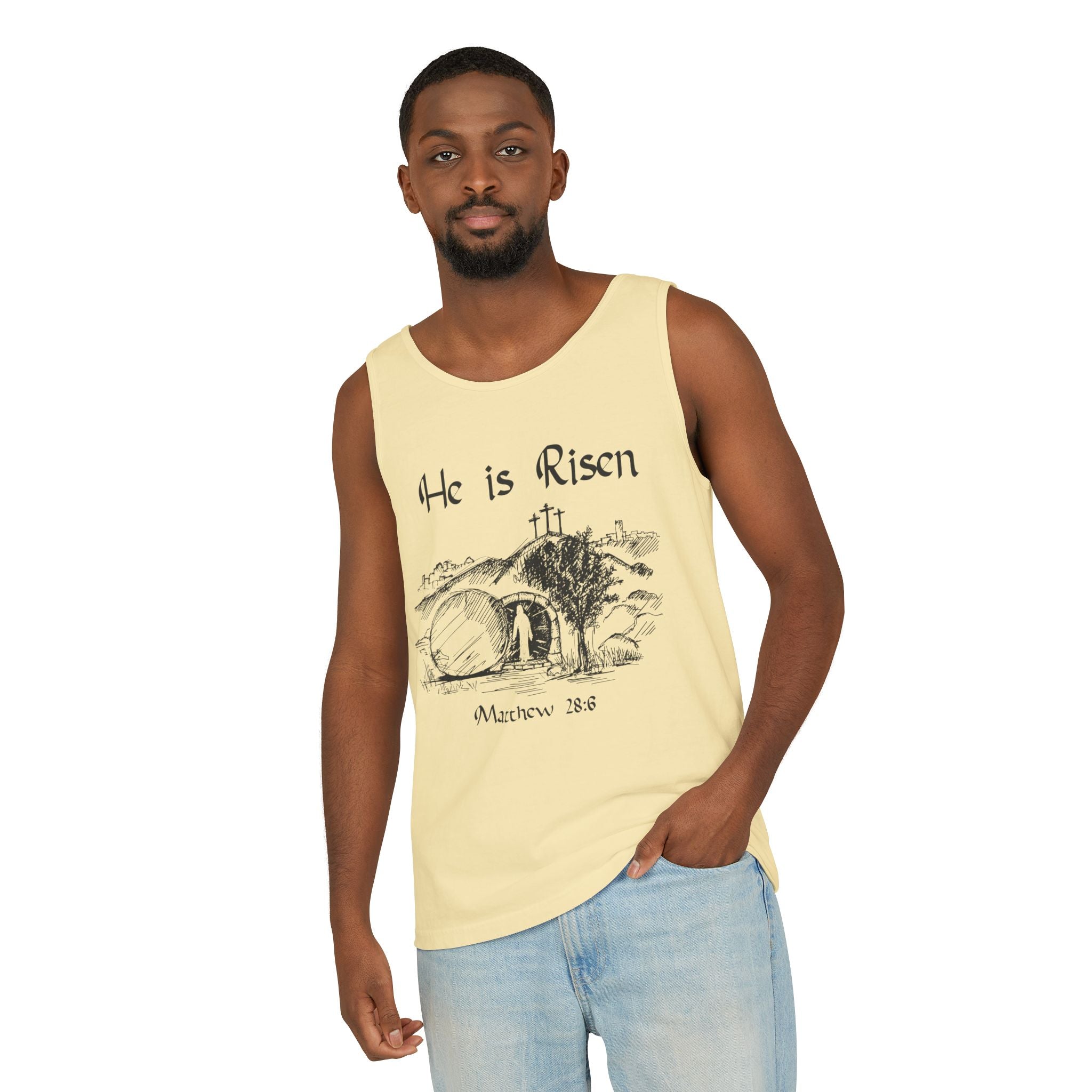 He Is Risen Unisex Relaxed Fit Tank Top, Christian Church Apparel, Easter Sunday Clothing, Faith-Based Graphic Tee