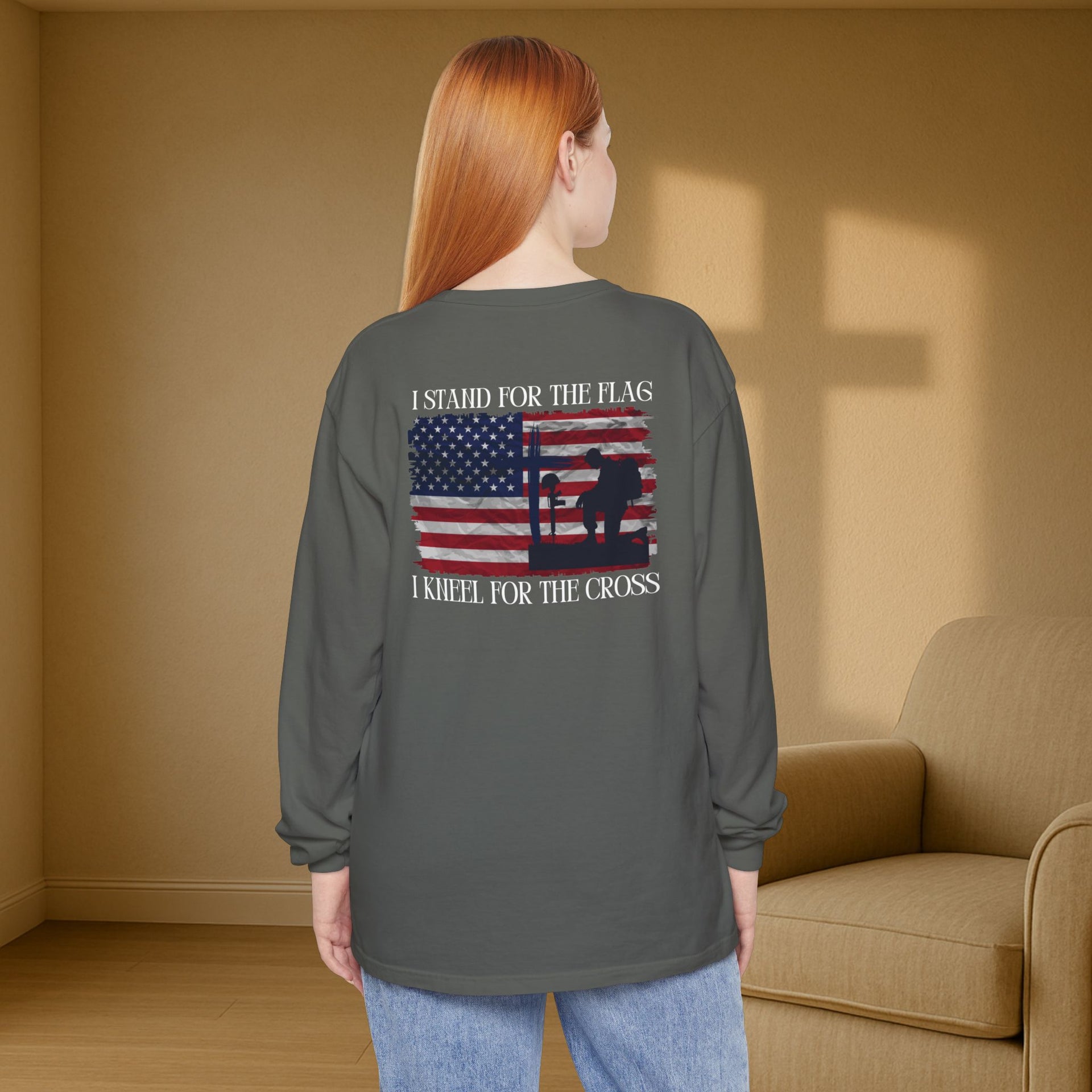 I Stand for the Flag, I Kneel for the Cross Unisex Relaxed Fit Long Sleeve T-Shirt - My Faith My Father