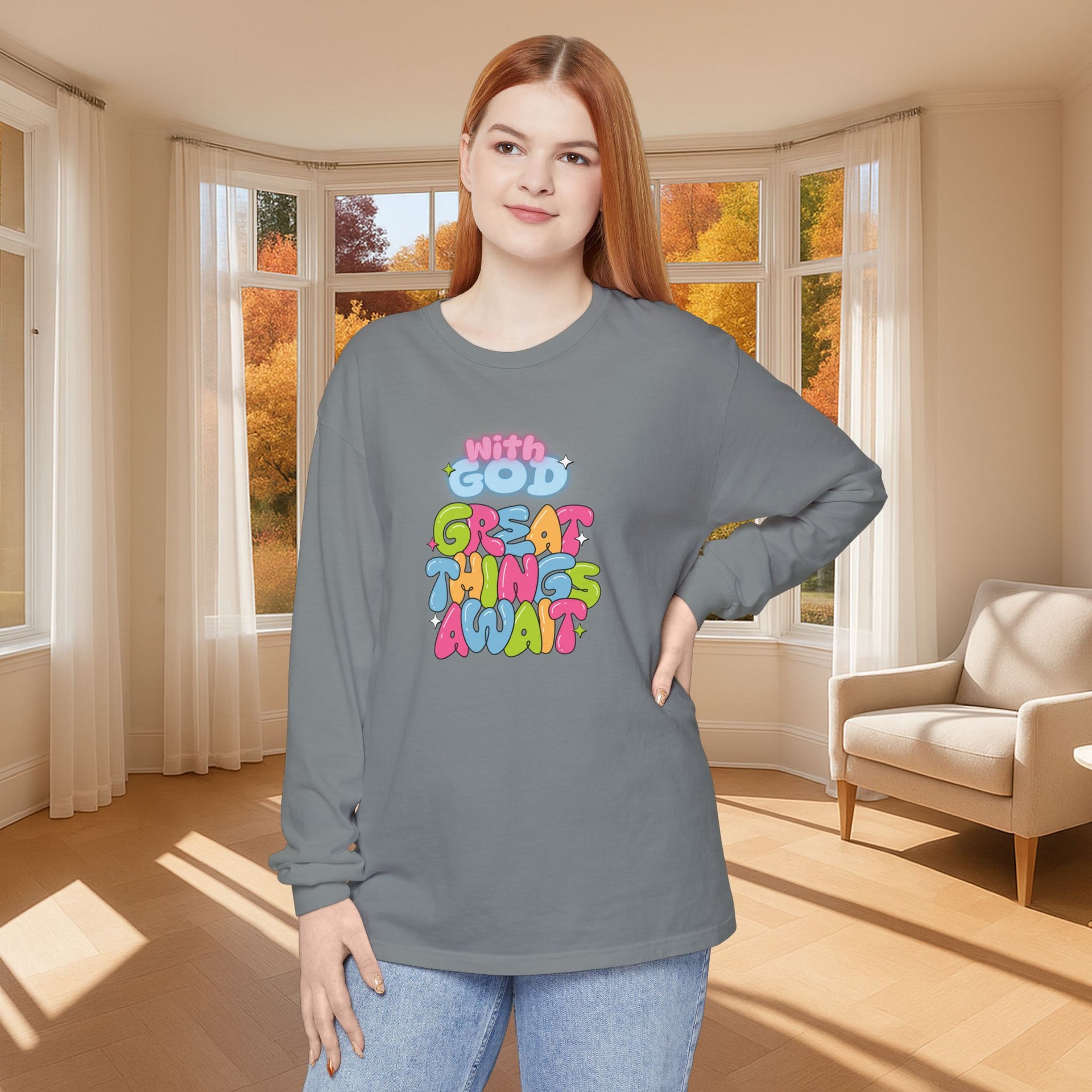 With God, Great Things Await Unisex Relaxed Fit Long Sleeve T-Shirt - My Faith My Father