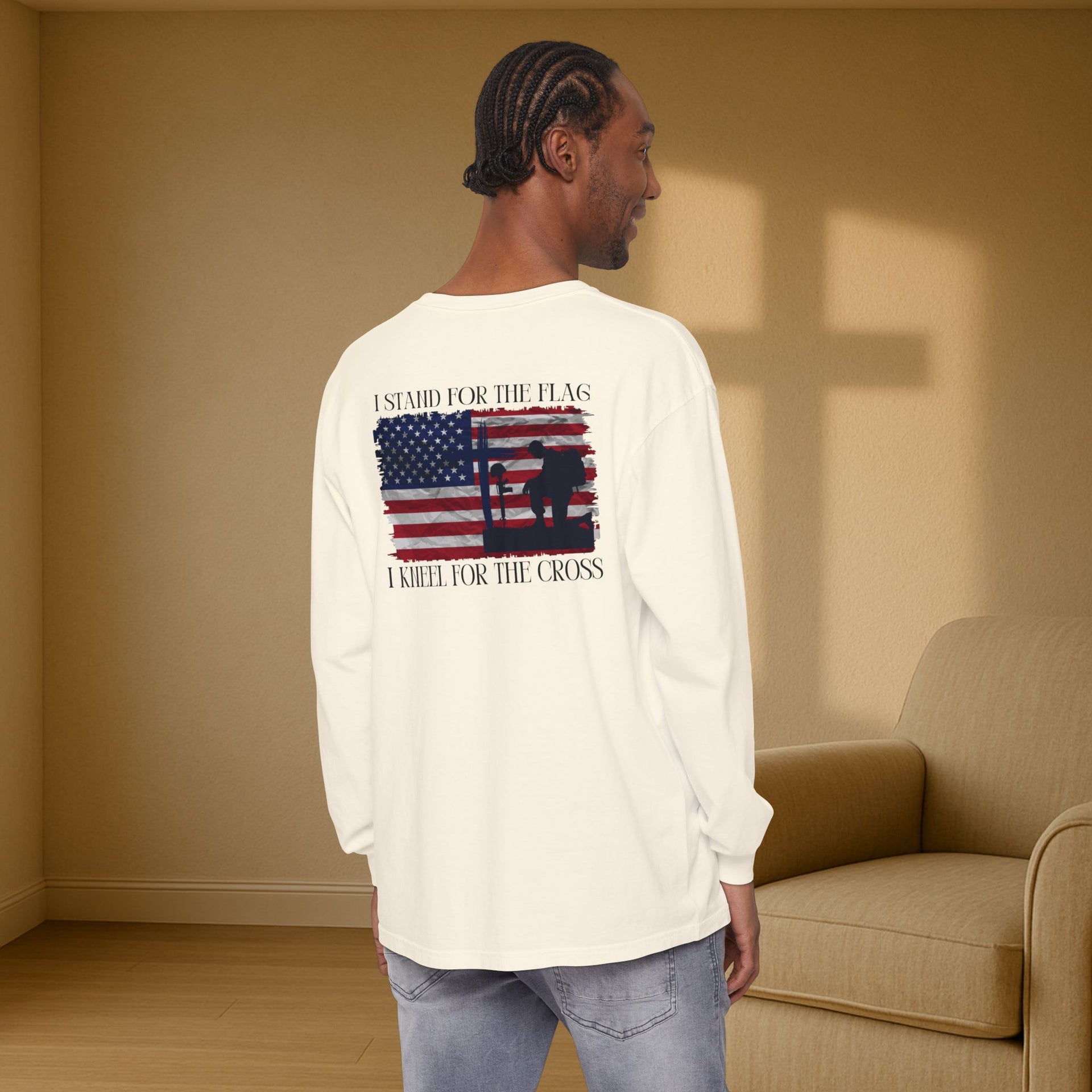 I Stand for the Flag, I Kneel for the Cross Unisex Relaxed Fit Long Sleeve T-Shirt - My Faith My Father