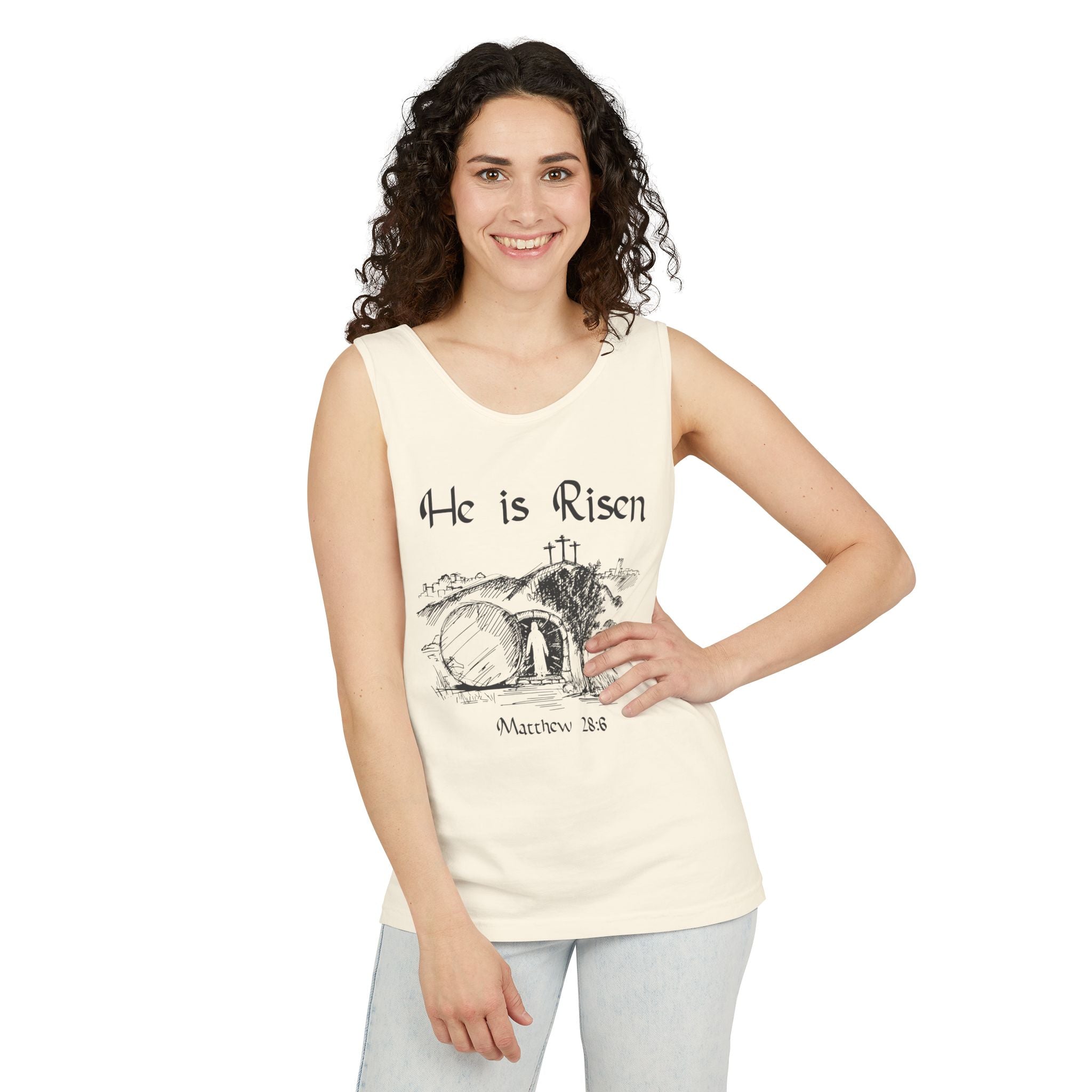 He Is Risen Unisex Relaxed Fit Tank Top, Christian Church Apparel, Easter Sunday Clothing, Faith-Based Graphic Tee