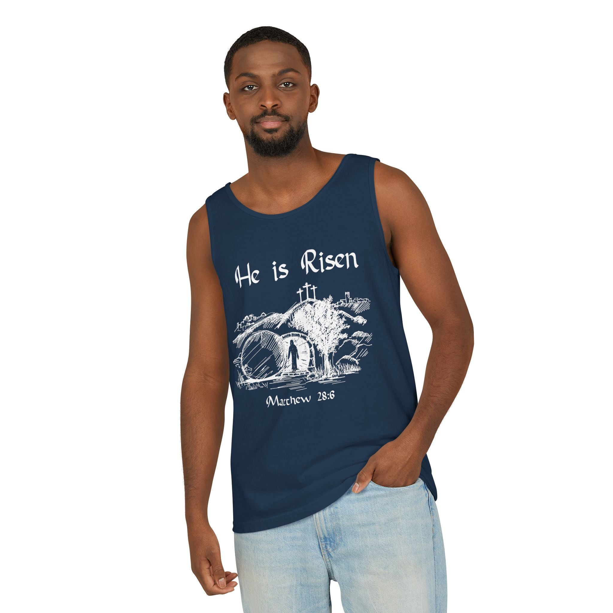 He Is Risen Unisex Relaxed Fit Tank Top, Christian Church Apparel, Easter Sunday Clothing, Faith-Based Graphic Tee