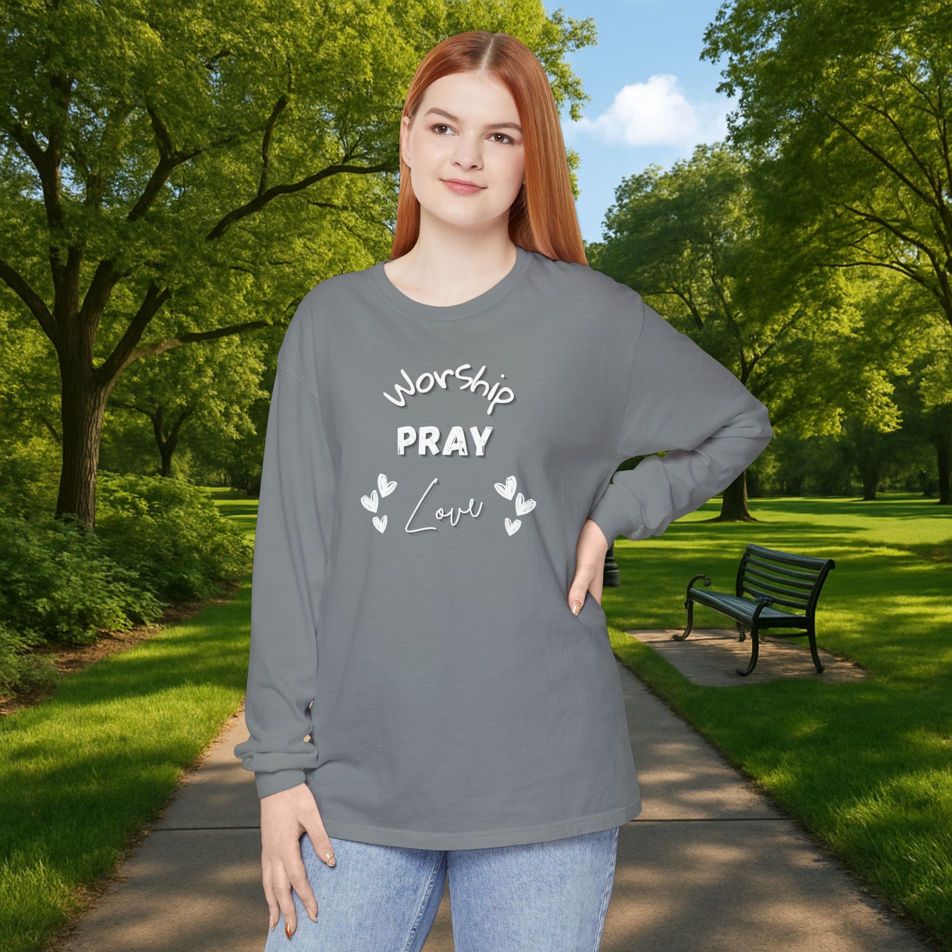 Worship, Pray, Love Unisex Relaxed Fit Long Sleeve T-Shirt - My Faith My Father