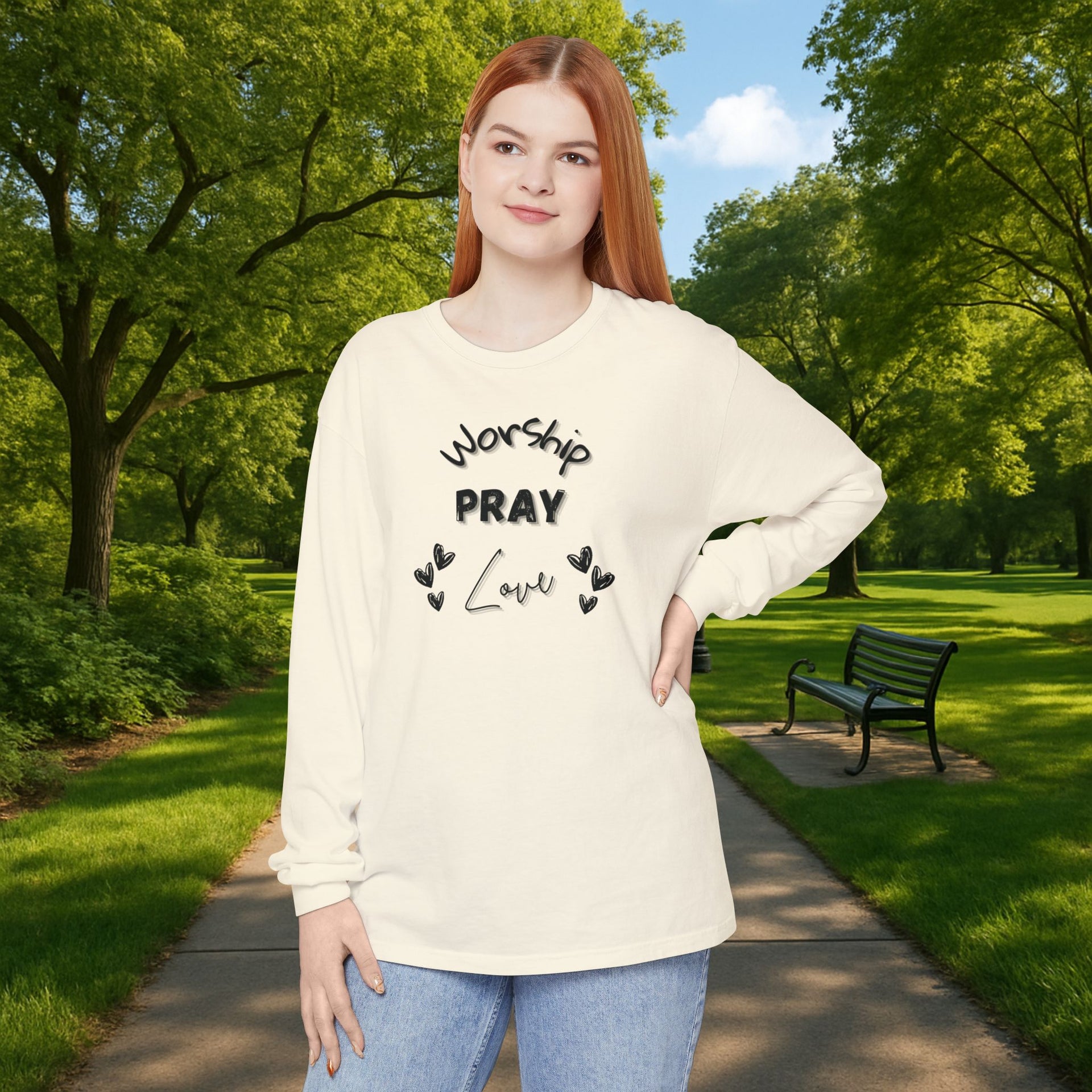 Worship, Pray, Love Unisex Relaxed Fit Long Sleeve T-Shirt - My Faith My Father