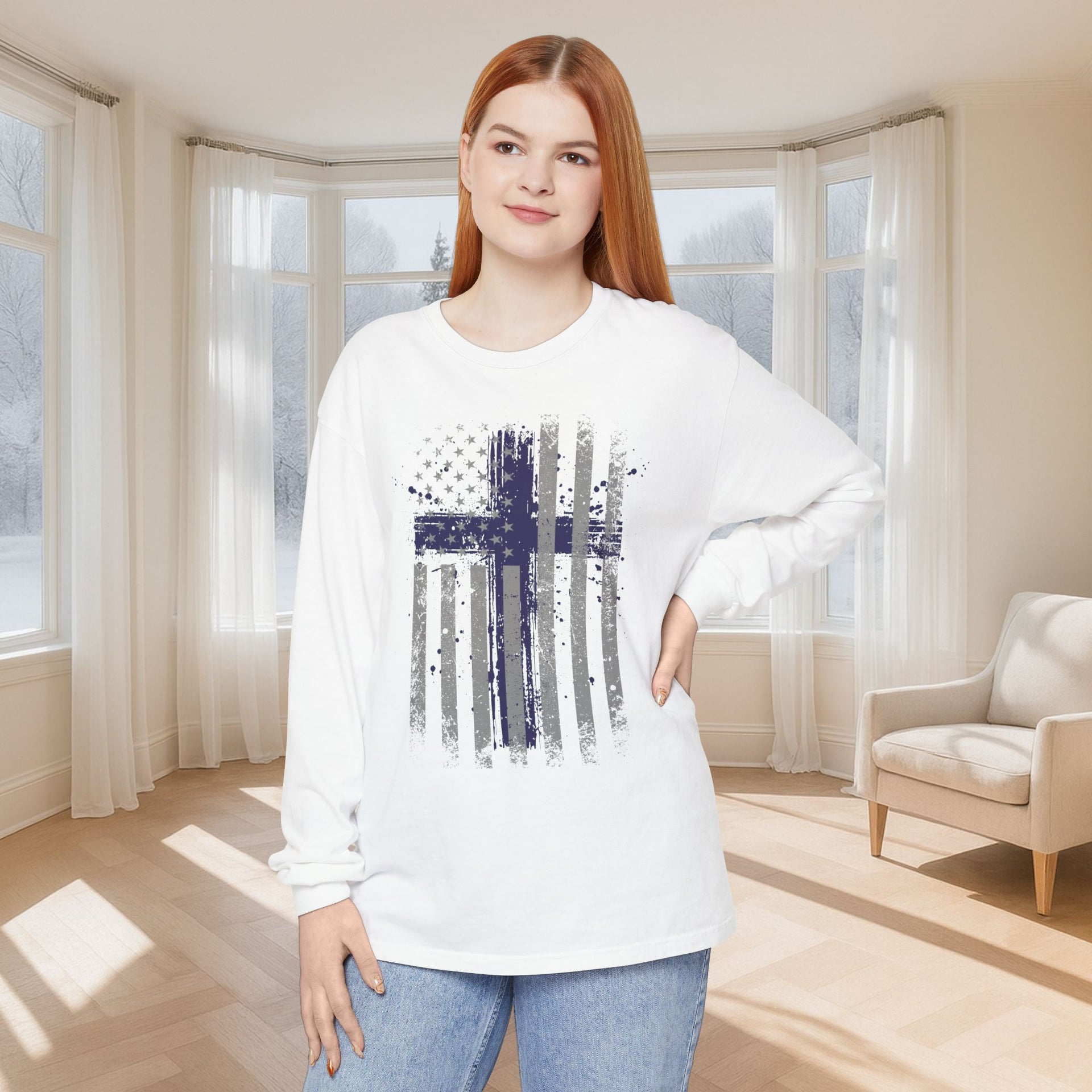 Flag With Cross Unisex Relaxed Fit Long Sleeve T-Shirt - My Faith My Father