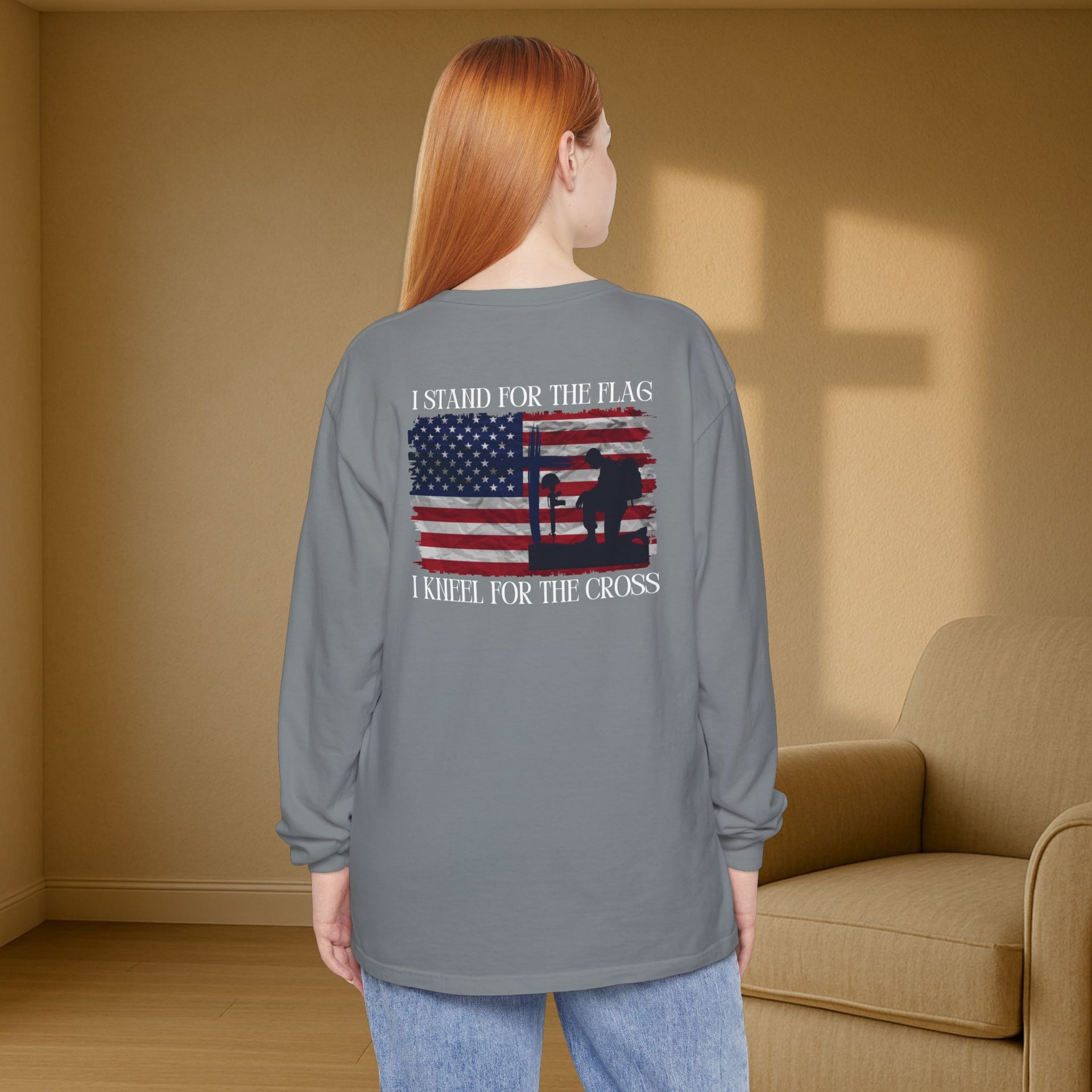 I Stand for the Flag, I Kneel for the Cross Unisex Relaxed Fit Long Sleeve T-Shirt - My Faith My Father