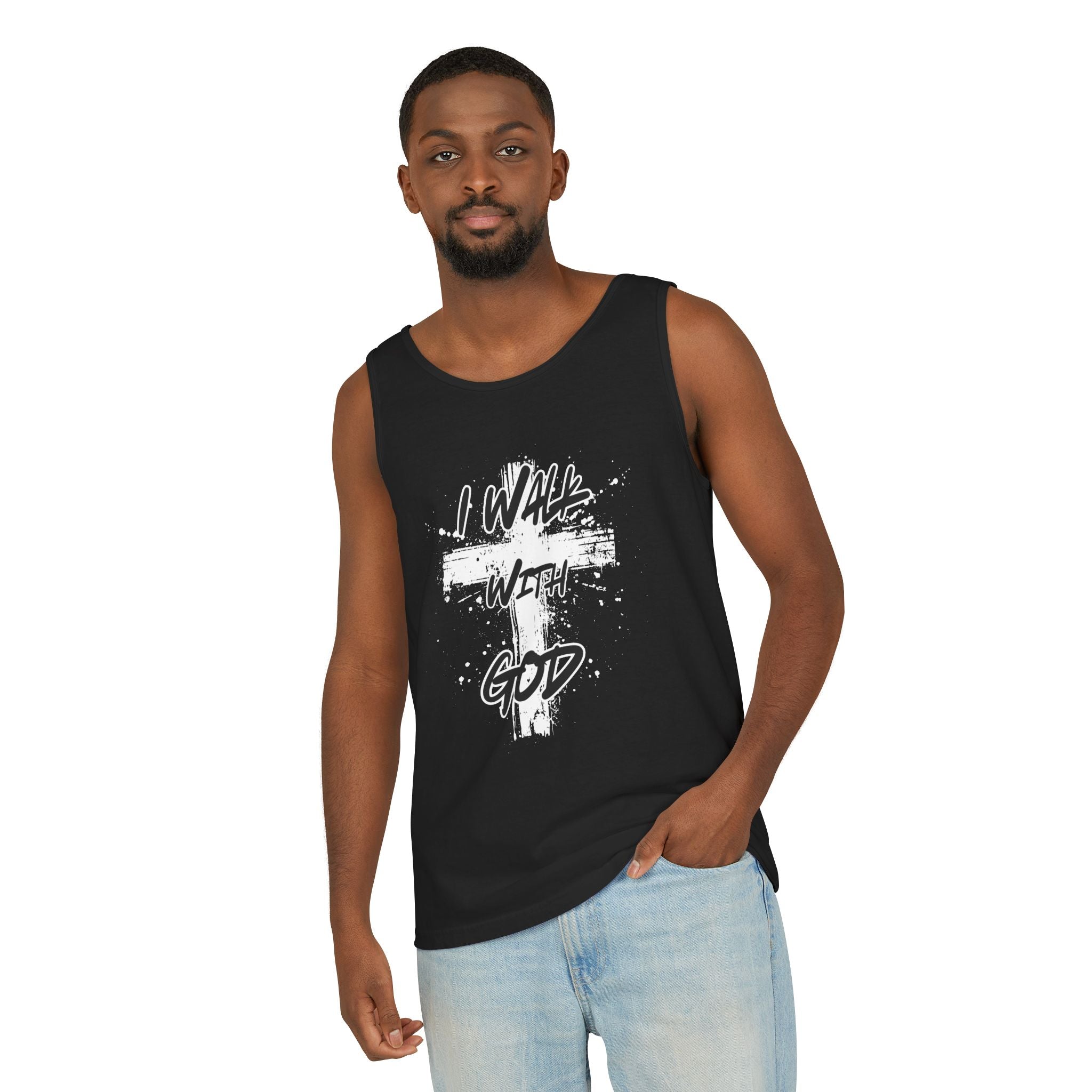 I Walk With God Unisex Relaxed Fit Tank Top, Christian Muscle Tee, Spiritual Sleeveless Shirt, Faith Workout Top, Inspirational Gym Tank