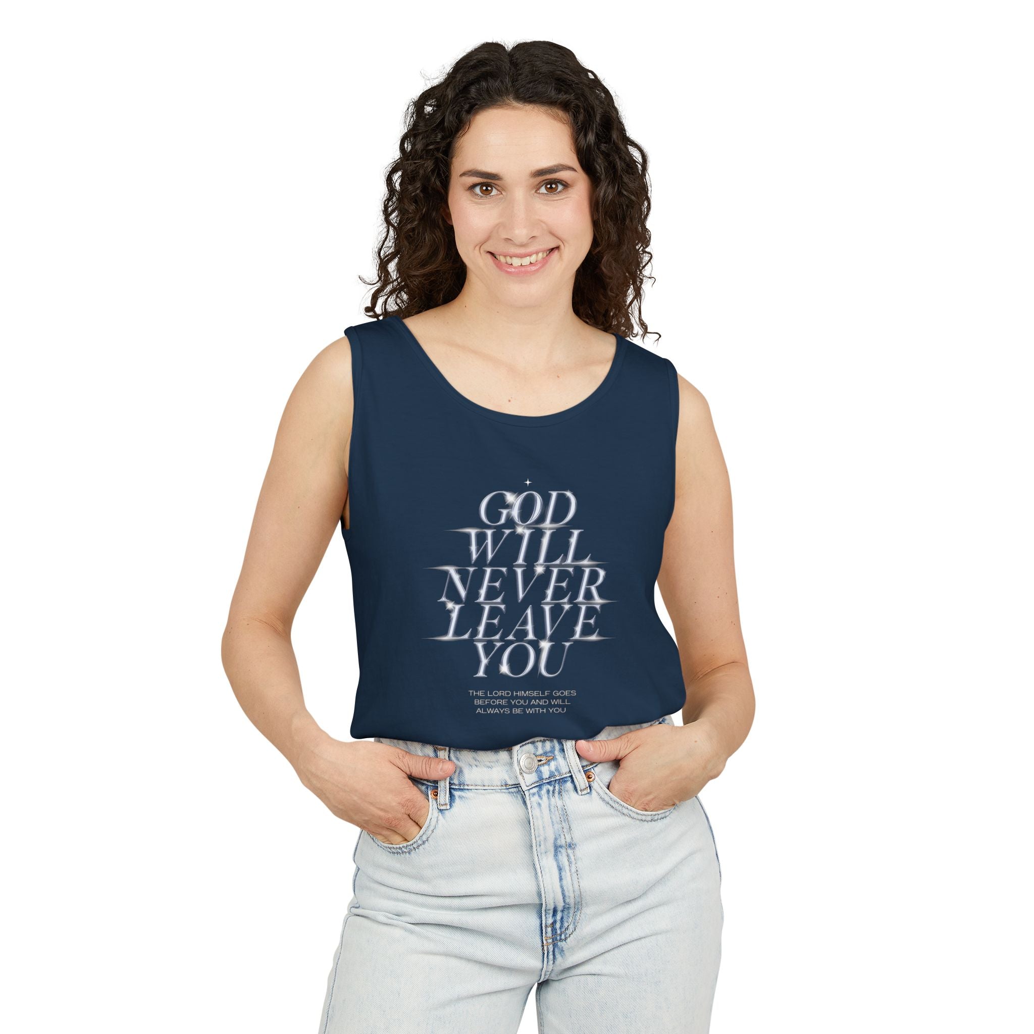 God Will Never Leave Unisex Relaxed Fit Tank Top, Religious Tank Top, Faithful Muscle Tank, Christian Apparel, Inspirational Workout Shirt