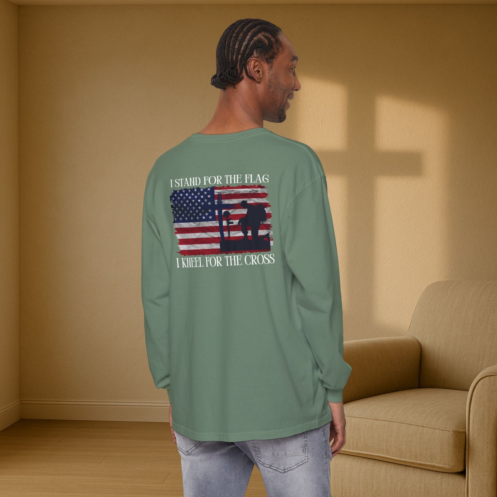 I Stand for the Flag, I Kneel for the Cross Unisex Relaxed Fit Long Sleeve T-Shirt - My Faith My Father