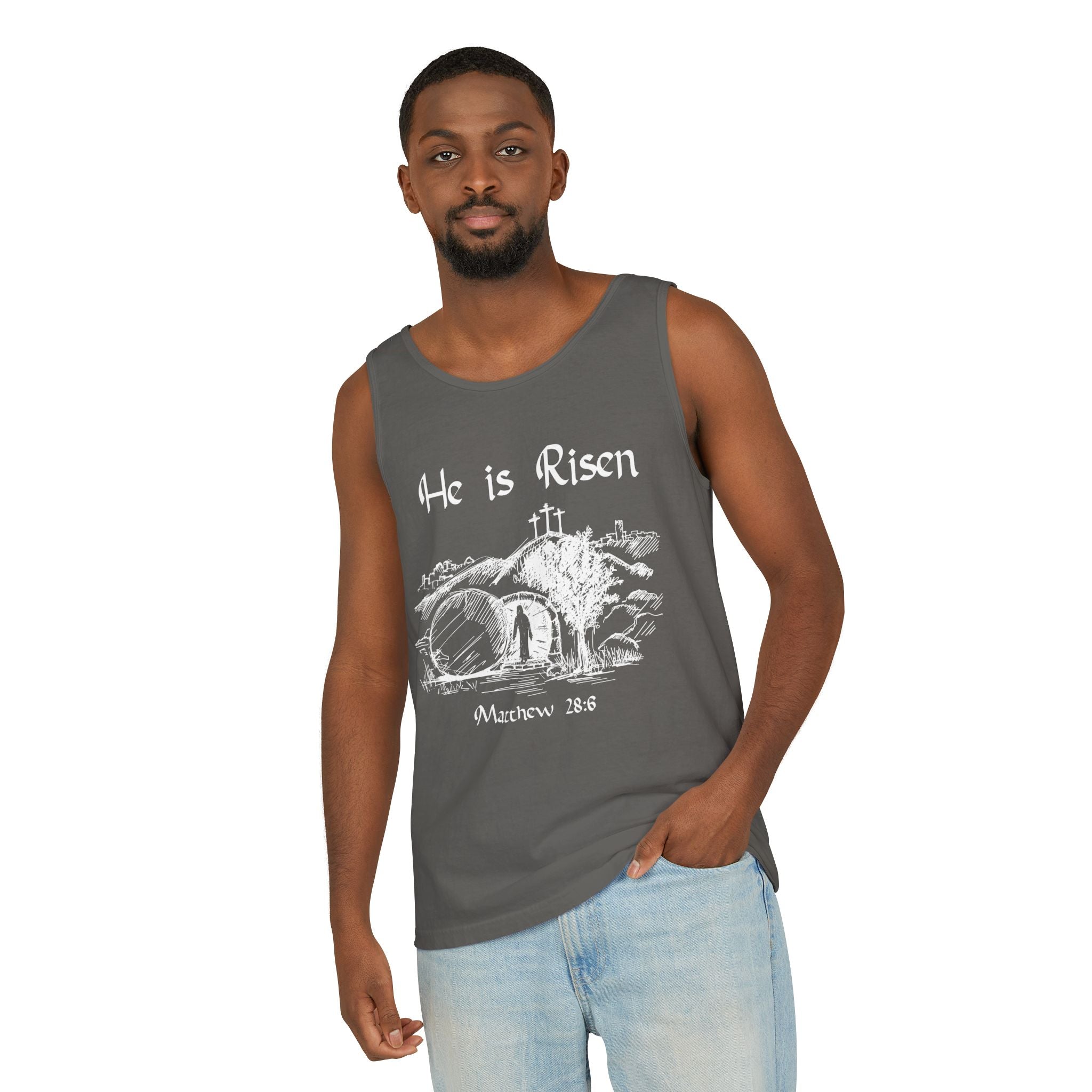 He Is Risen Unisex Relaxed Fit Tank Top, Christian Church Apparel, Easter Sunday Clothing, Faith-Based Graphic Tee