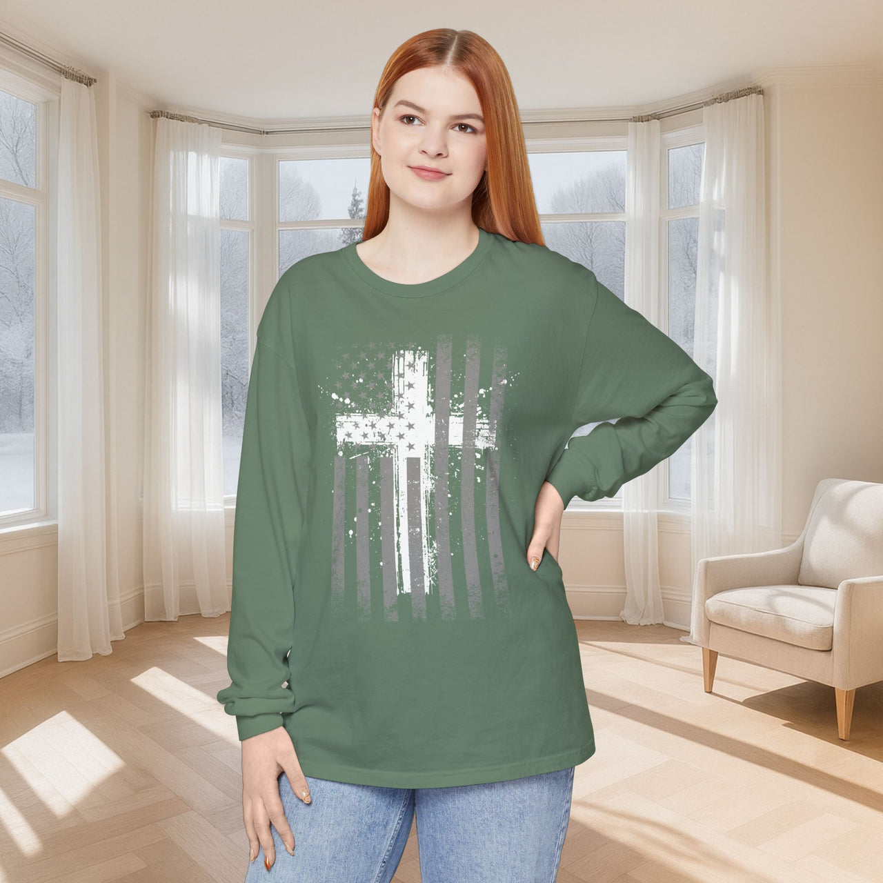 Flag With Cross Unisex Relaxed Fit Long Sleeve T-Shirt - My Faith My Father