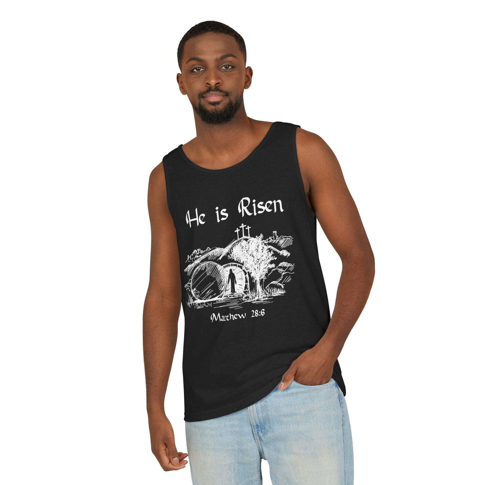 He Is Risen Unisex Relaxed Fit Tank Top, Christian Church Apparel, Easter Sunday Clothing, Faith-Based Graphic Tee