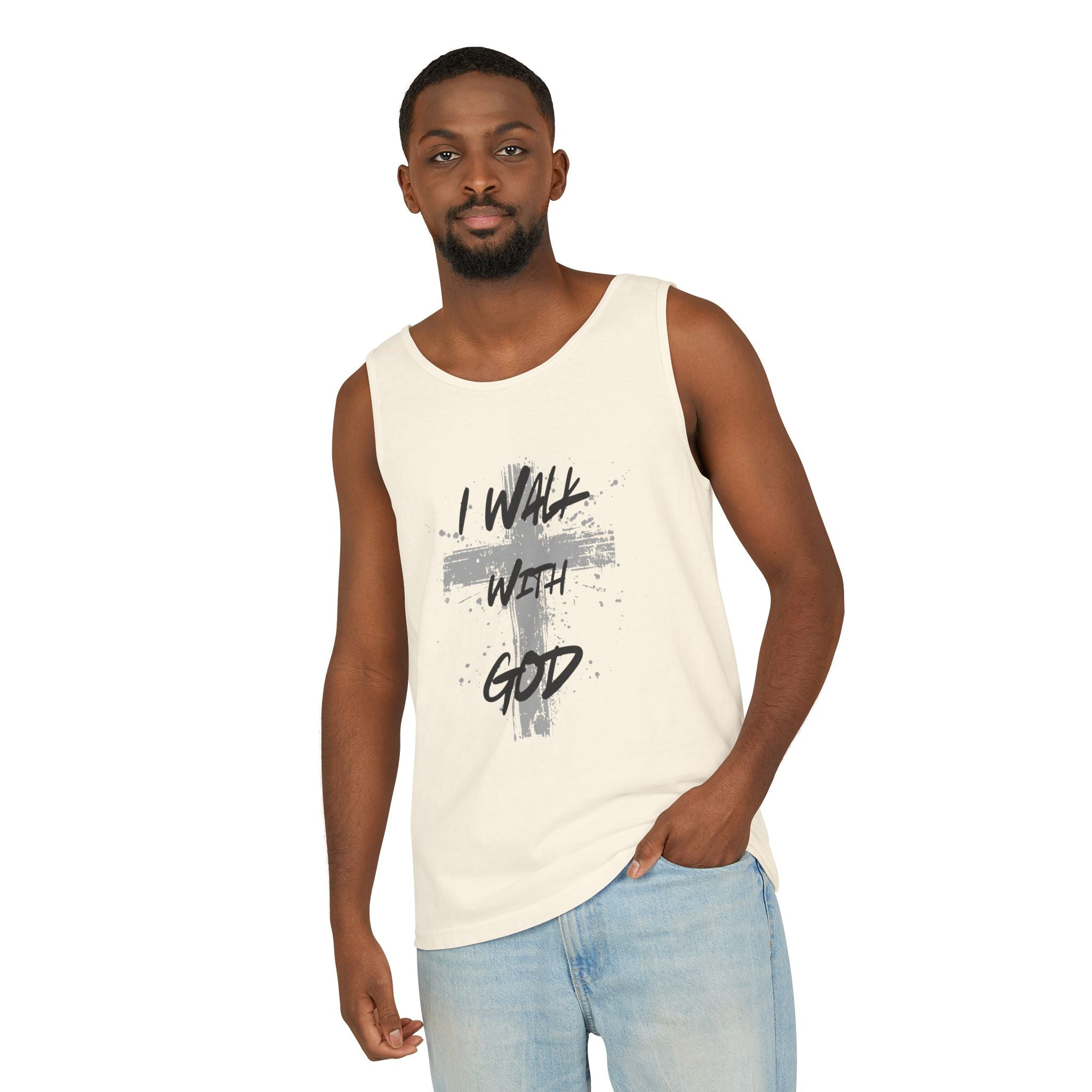 I Walk With God Unisex Relaxed Fit Tank Top, Christian Muscle Tee, Spiritual Sleeveless Shirt, Faith Workout Top, Inspirational Gym Tank