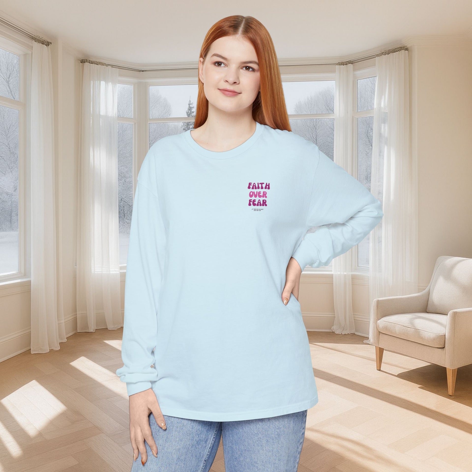 Faith Over Fear Pink Unisex Relaxed Fit Long Sleeve T-Shirt - My Faith My Father