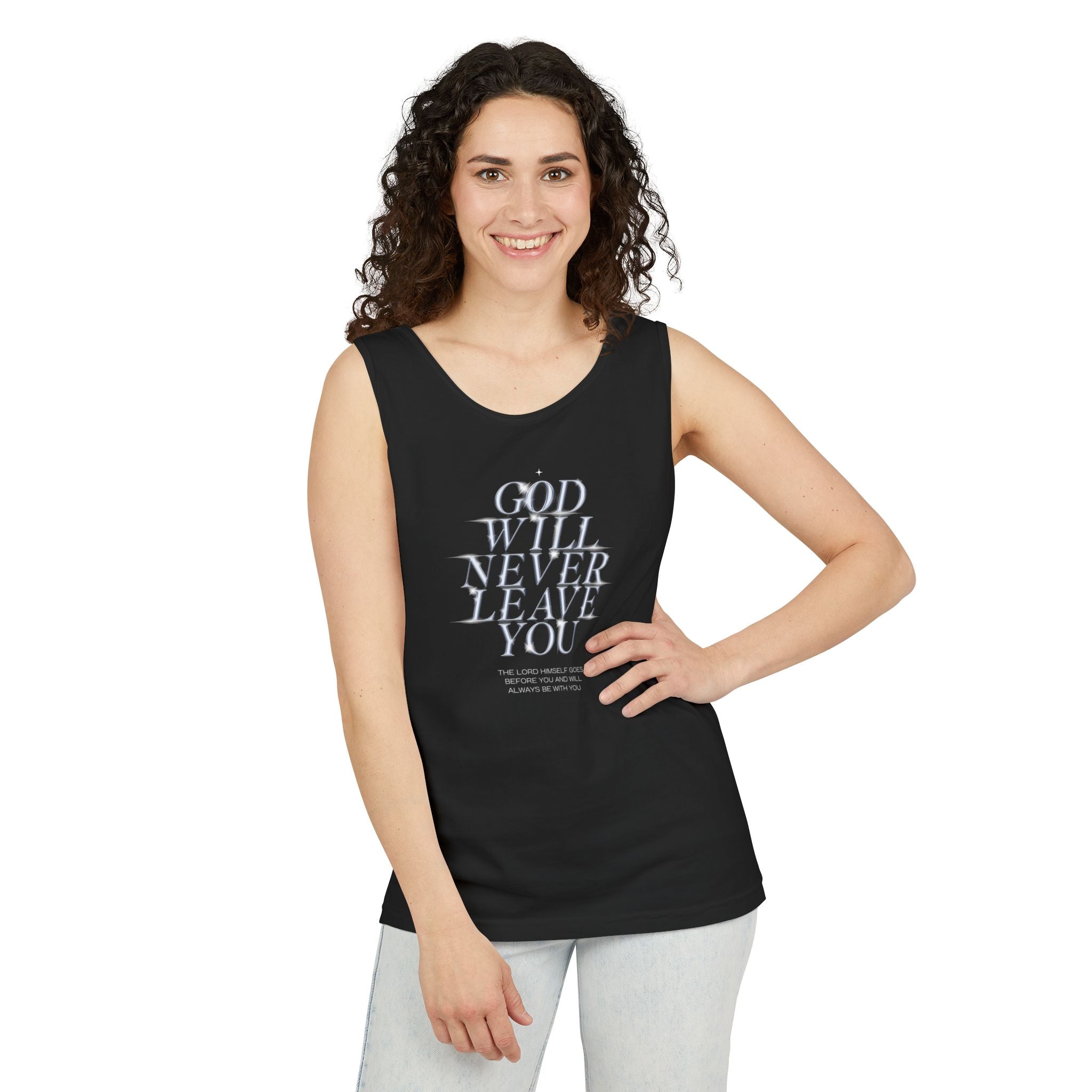 God Will Never Leave Unisex Relaxed Fit Tank Top, Religious Tank Top, Faithful Muscle Tank, Christian Apparel, Inspirational Workout Shirt
