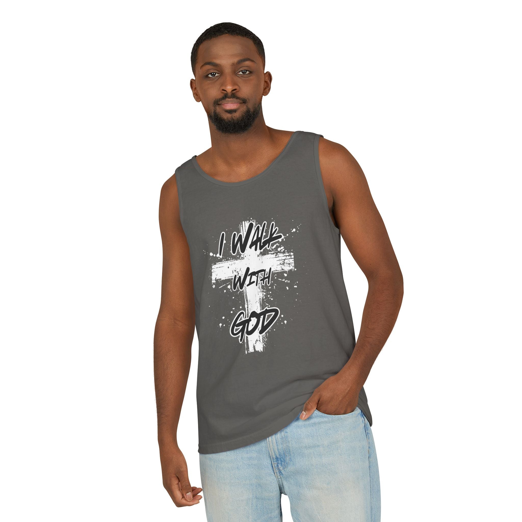 I Walk With God Unisex Relaxed Fit Tank Top, Christian Muscle Tee, Spiritual Sleeveless Shirt, Faith Workout Top, Inspirational Gym Tank