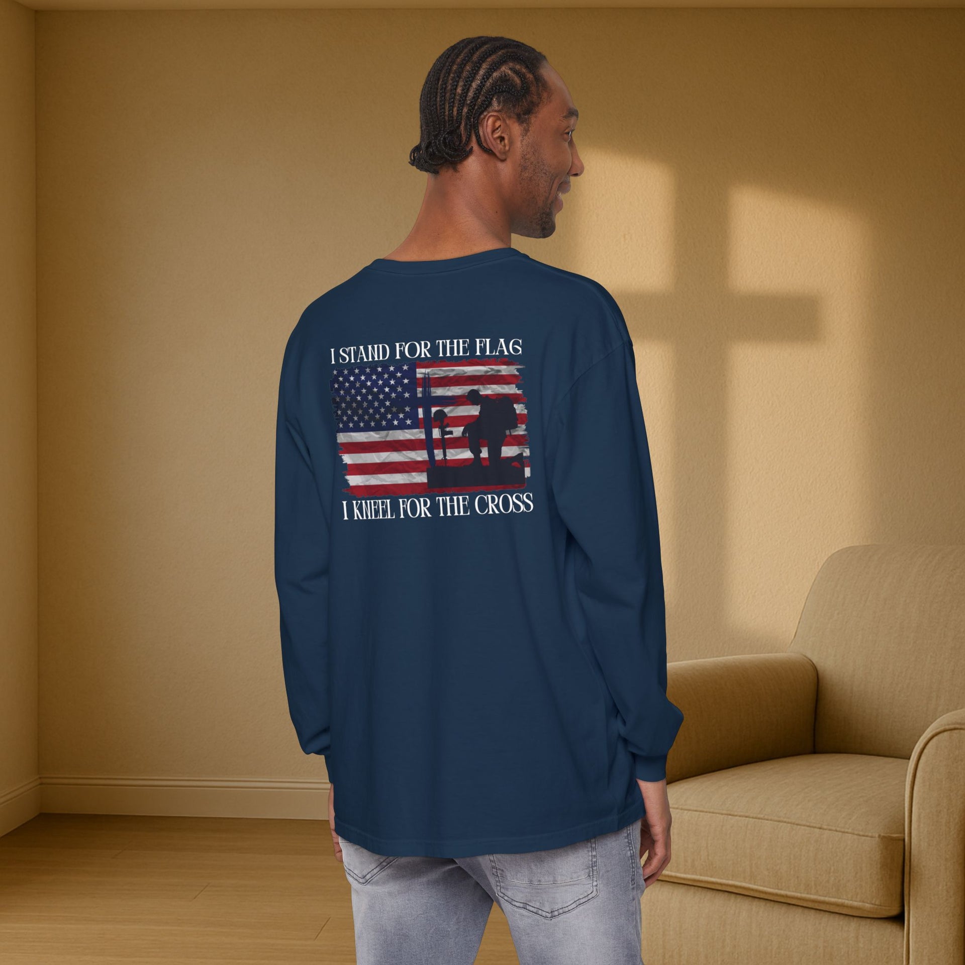 I Stand for the Flag, I Kneel for the Cross Unisex Relaxed Fit Long Sleeve T-Shirt - My Faith My Father