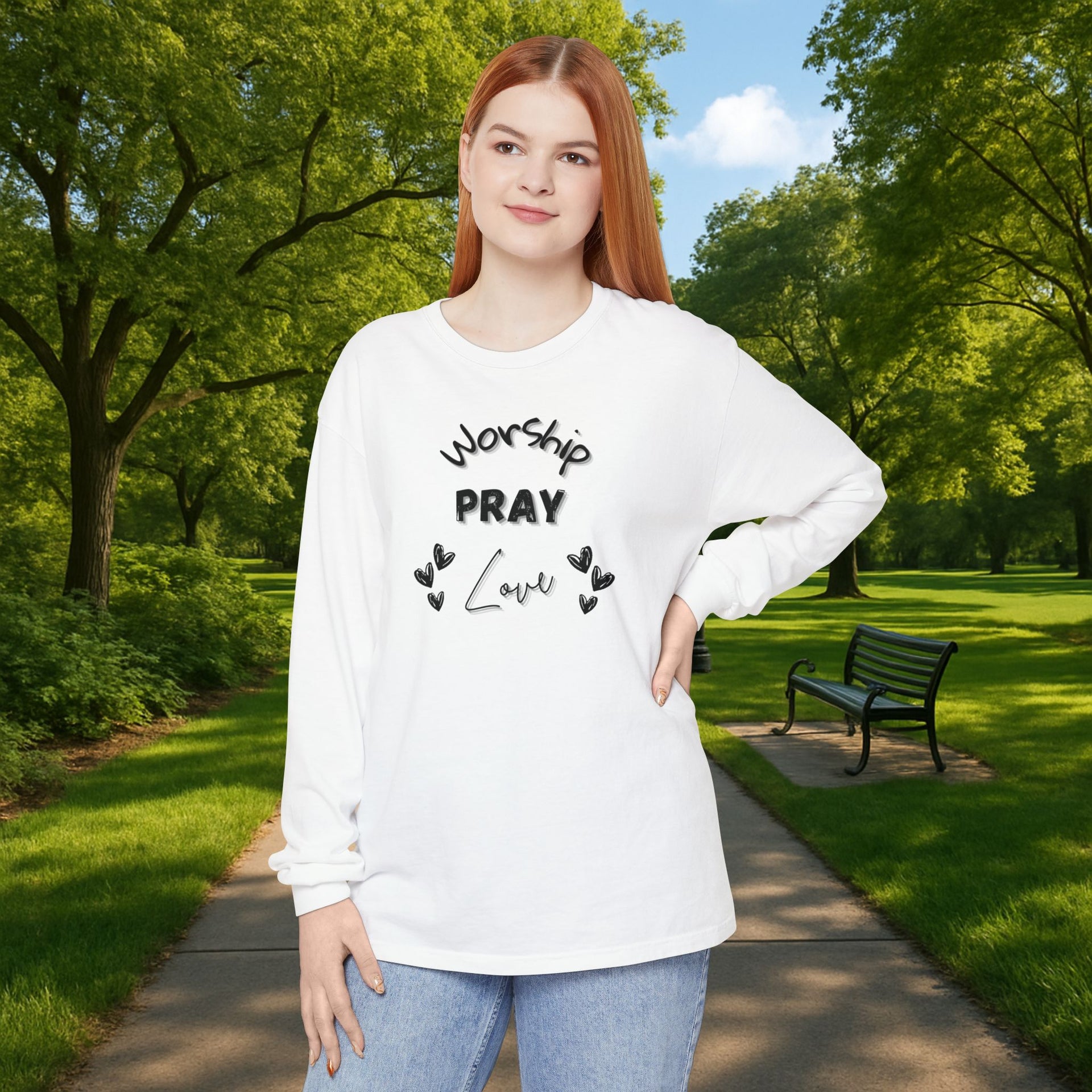Worship, Pray, Love Unisex Relaxed Fit Long Sleeve T-Shirt - My Faith My Father