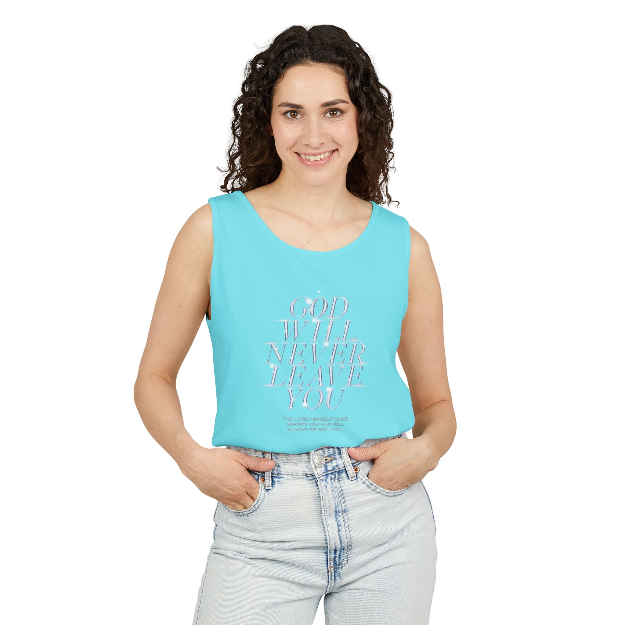 God Will Never Leave Unisex Relaxed Fit Tank Top, Religious Tank Top, Faithful Muscle Tank, Christian Apparel, Inspirational Workout Shirt
