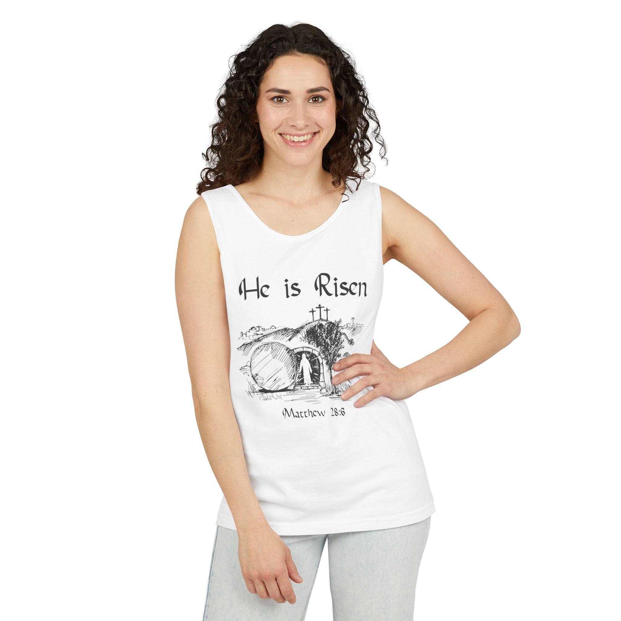 He Is Risen Unisex Relaxed Fit Tank Top, Christian Church Apparel, Easter Sunday Clothing, Faith-Based Graphic Tee