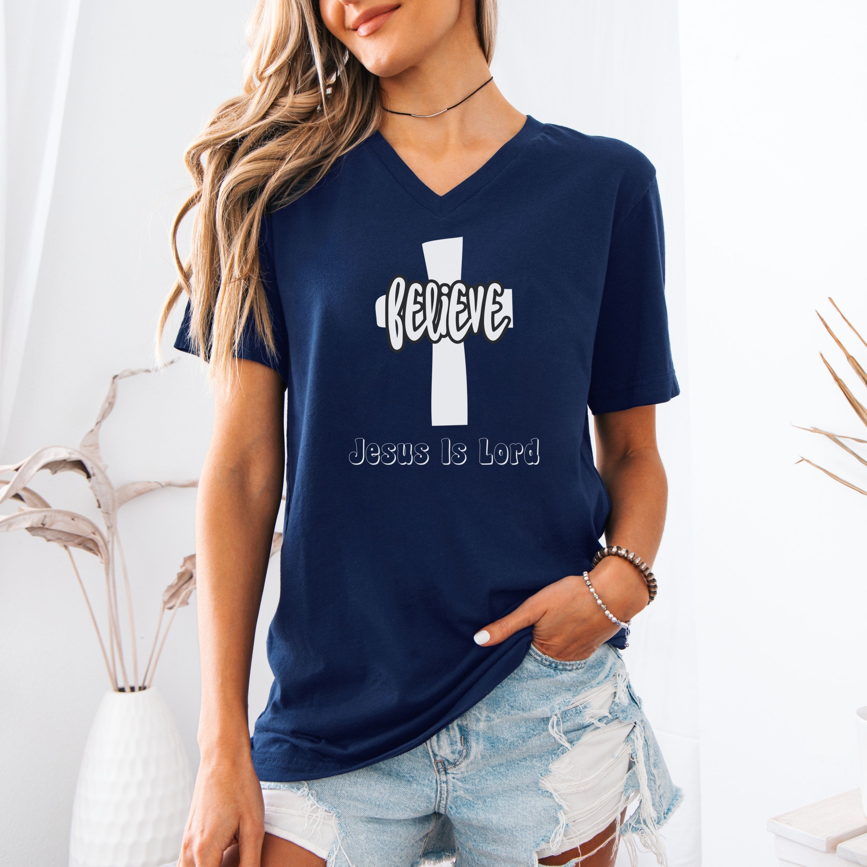 Believe Jesus Is Lord Unisex V-Neck T-Shirt