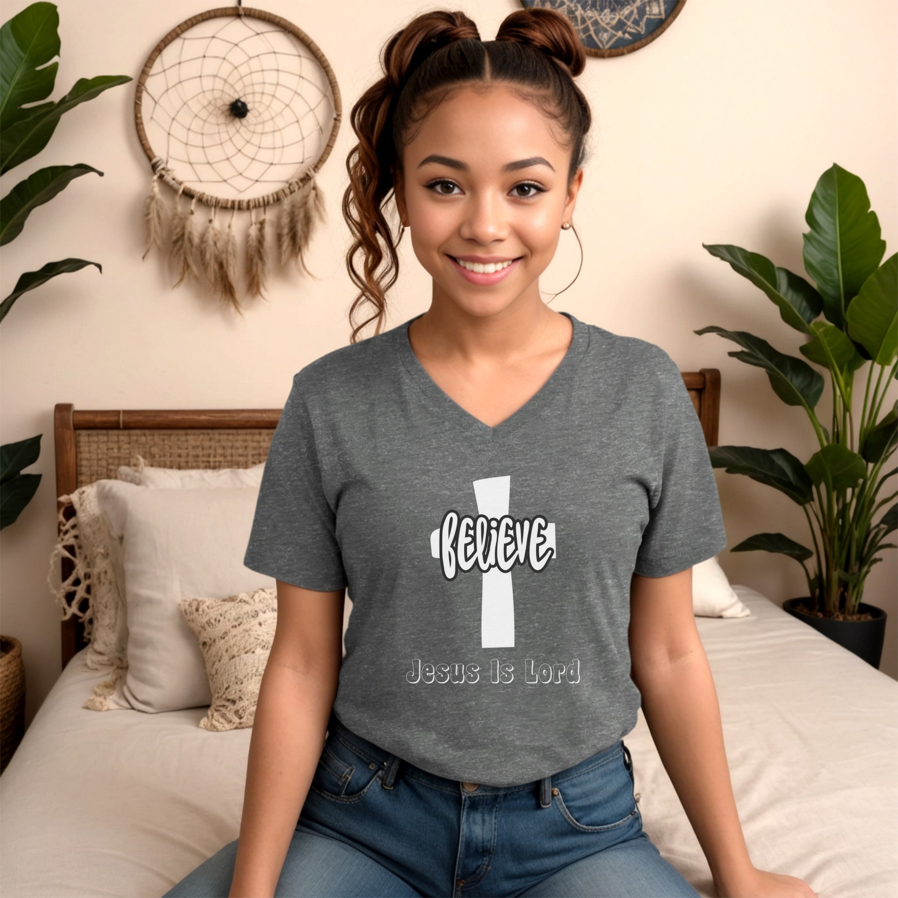 Believe Jesus Is Lord Unisex V-Neck T-Shirt