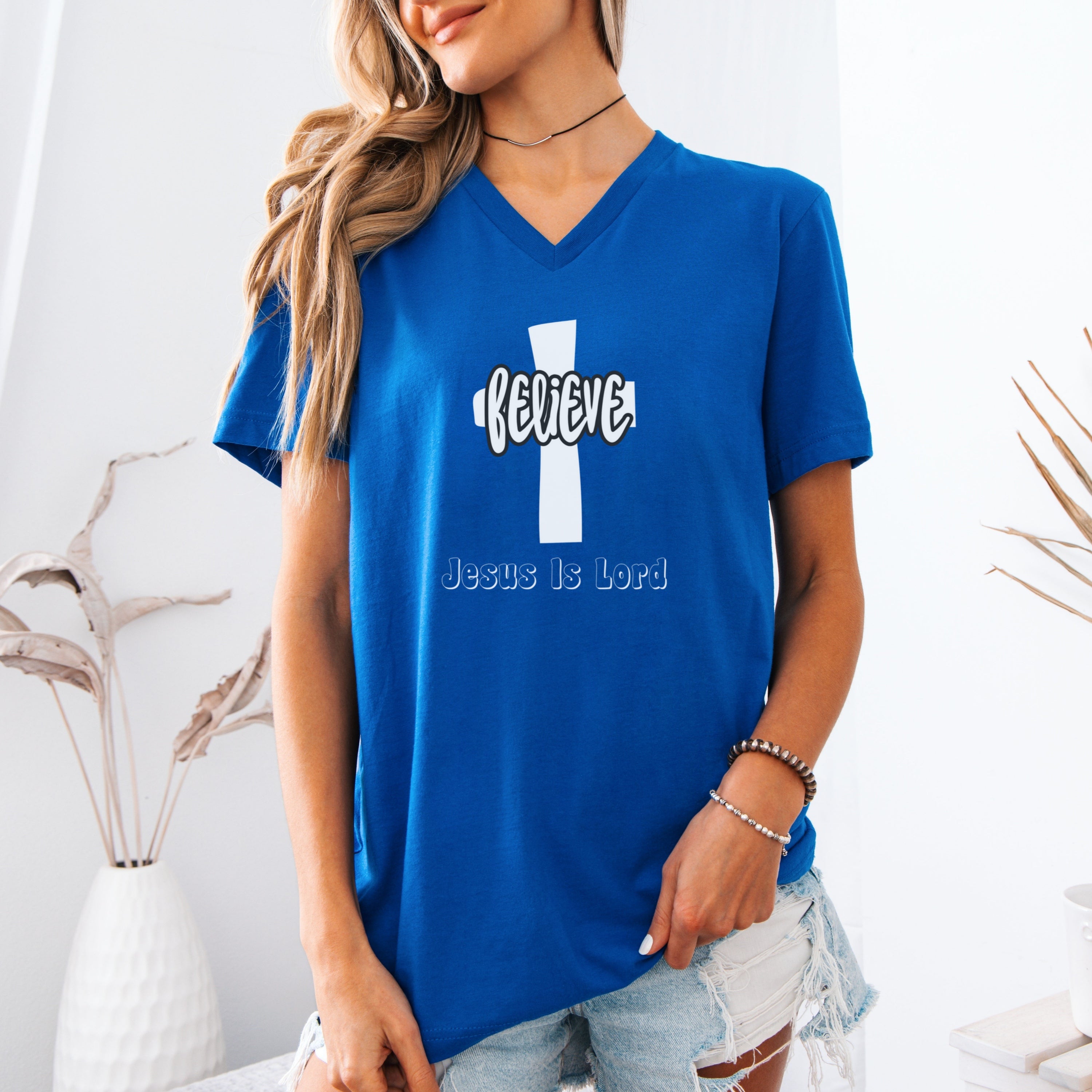 Believe Jesus Is Lord Unisex V-Neck T-Shirt