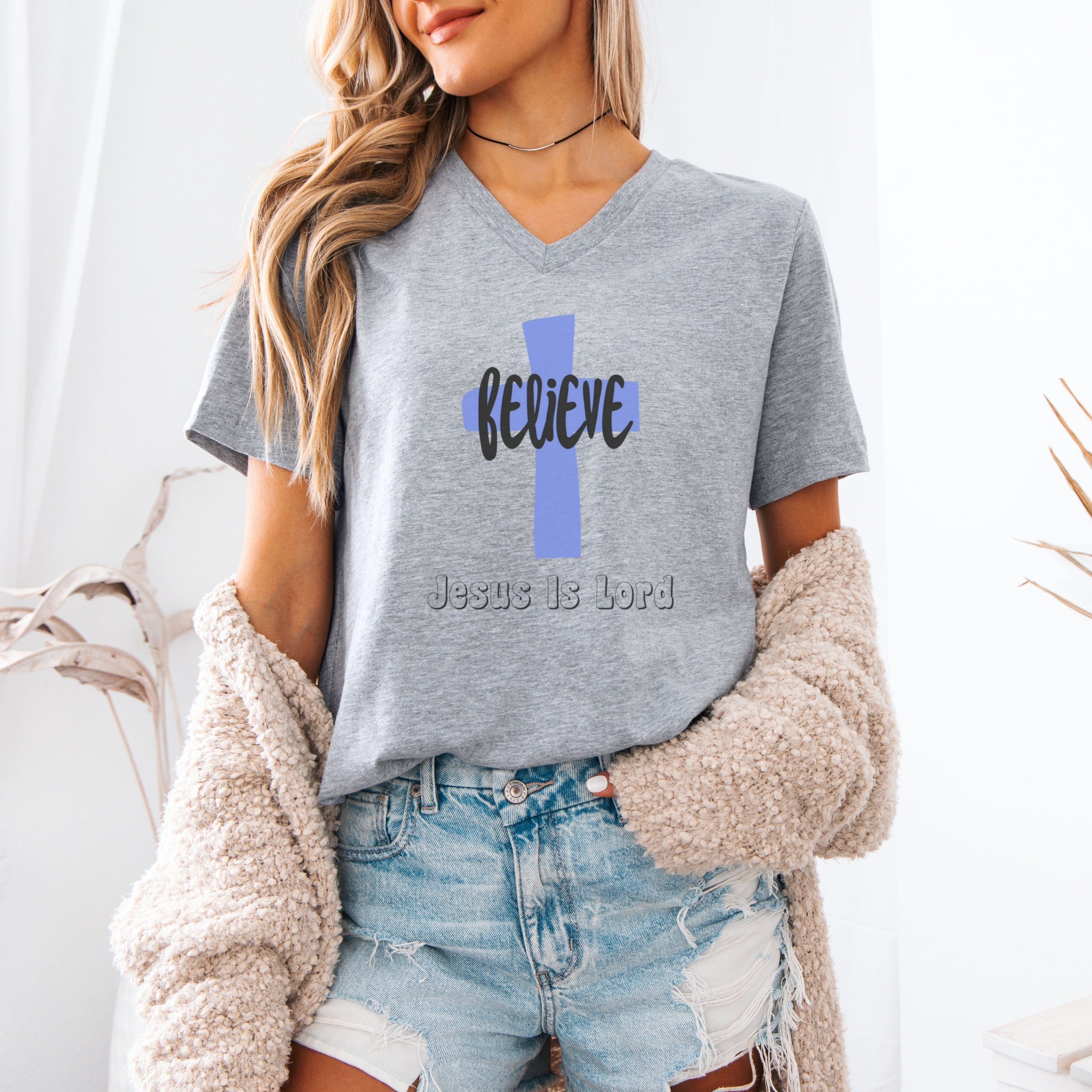 Believe Jesus Is Lord Unisex V-Neck T-Shirt