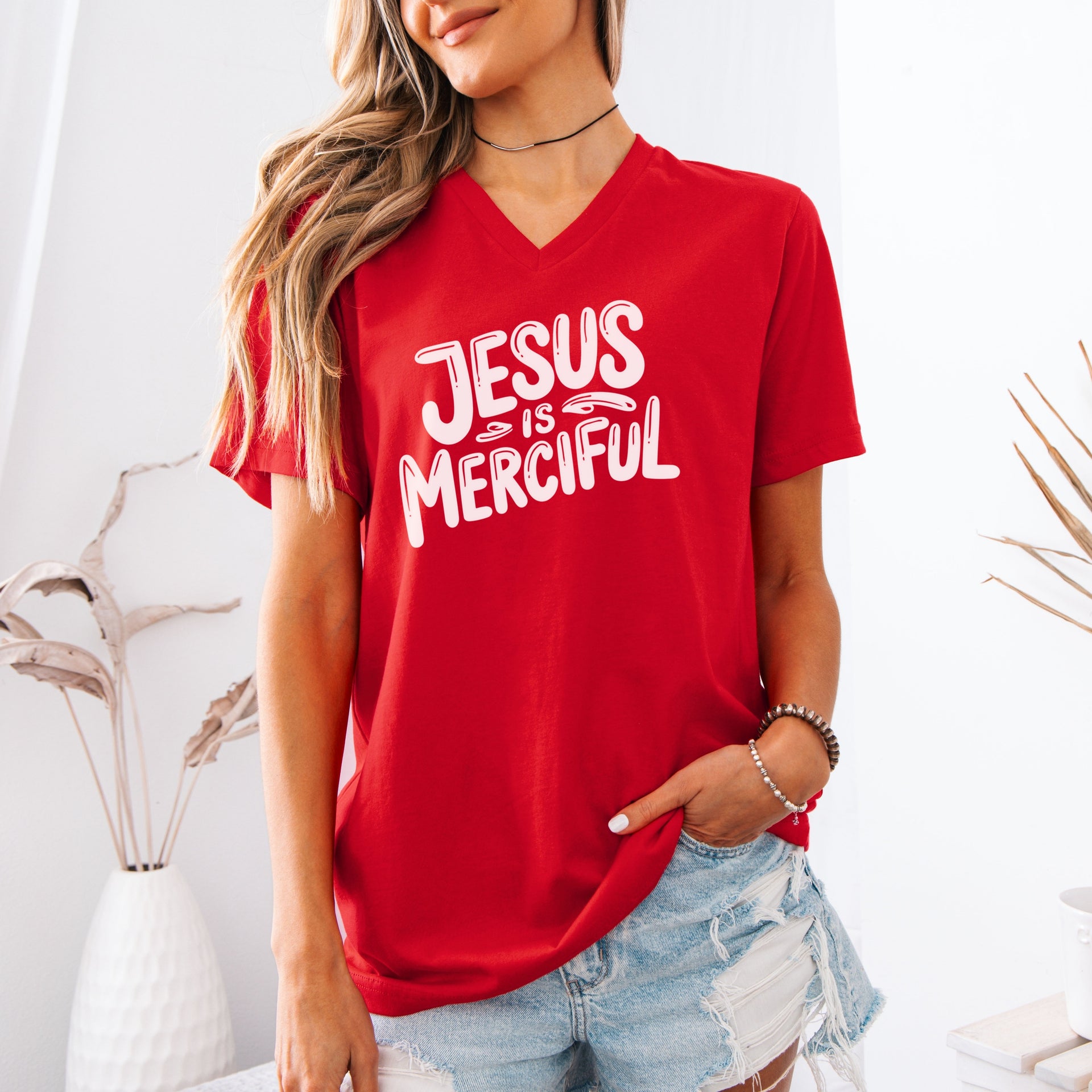 Jesus is Merciful Unisex V-Neck T-Shirt - Christian Faith Tee - My Faith My Father