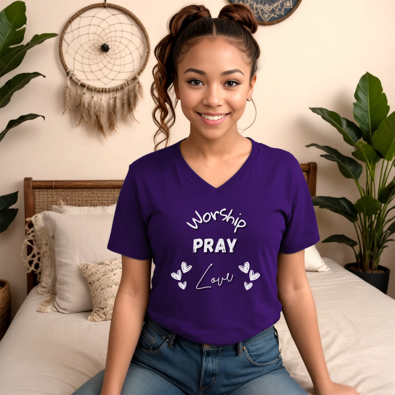 Worship, Pray, Love V-Neck T-shirt, Religious Unisex Tee - My Faith My Father