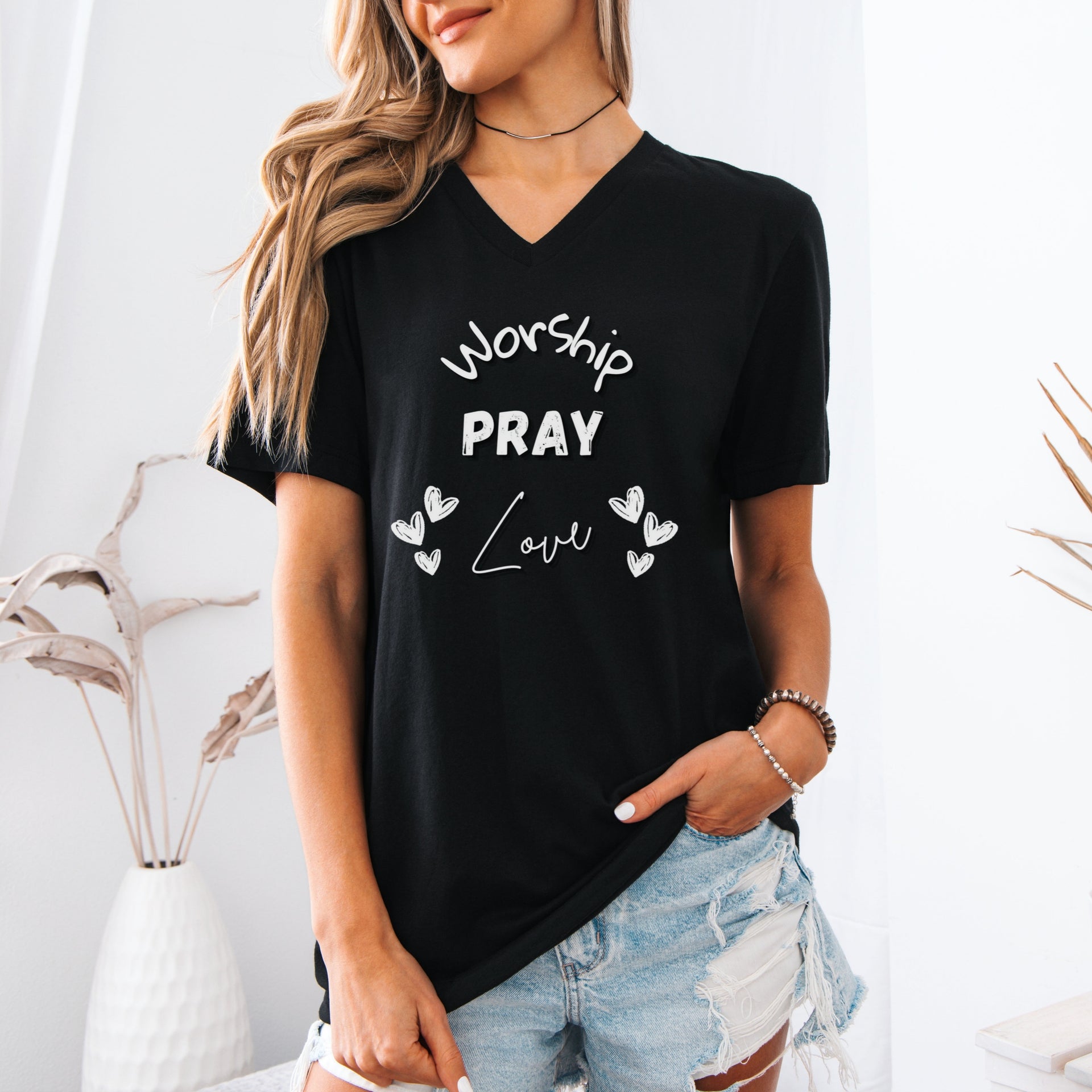 Worship, Pray, Love V-Neck T-shirt, Religious Unisex Tee - My Faith My Father