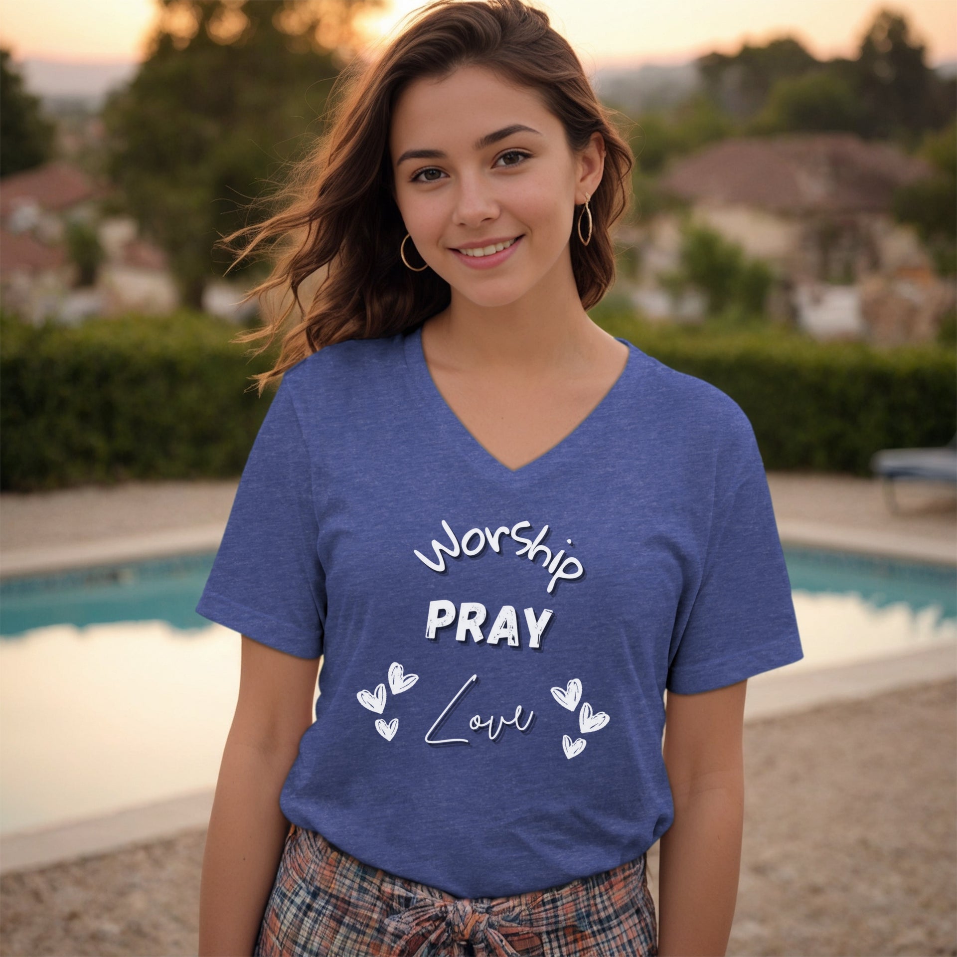 Worship, Pray, Love V-Neck T-shirt, Religious Unisex Tee - My Faith My Father