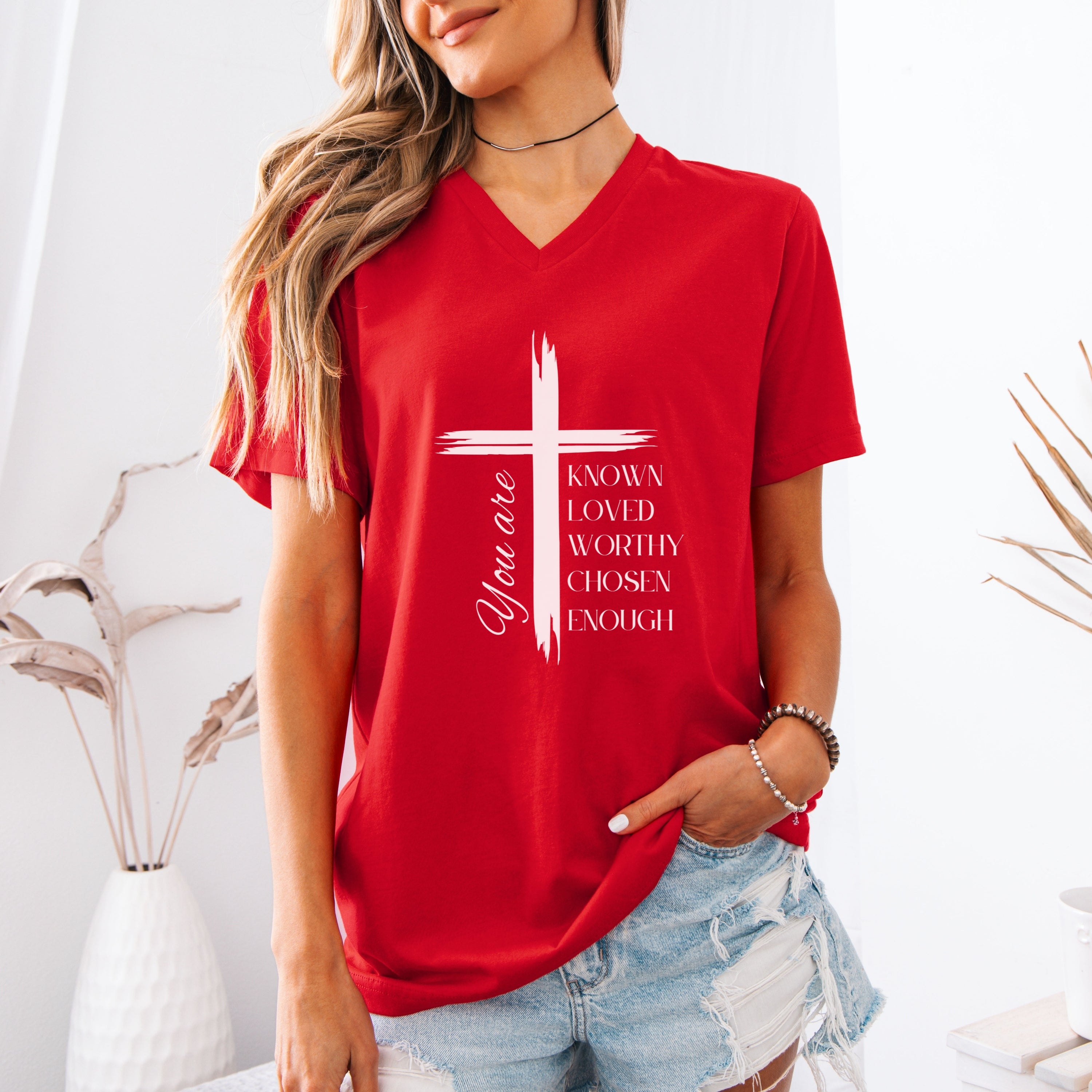 Your Are Known, Loved, Worthy, Chosen,  Enough Unisex V-Neck T-Shirt